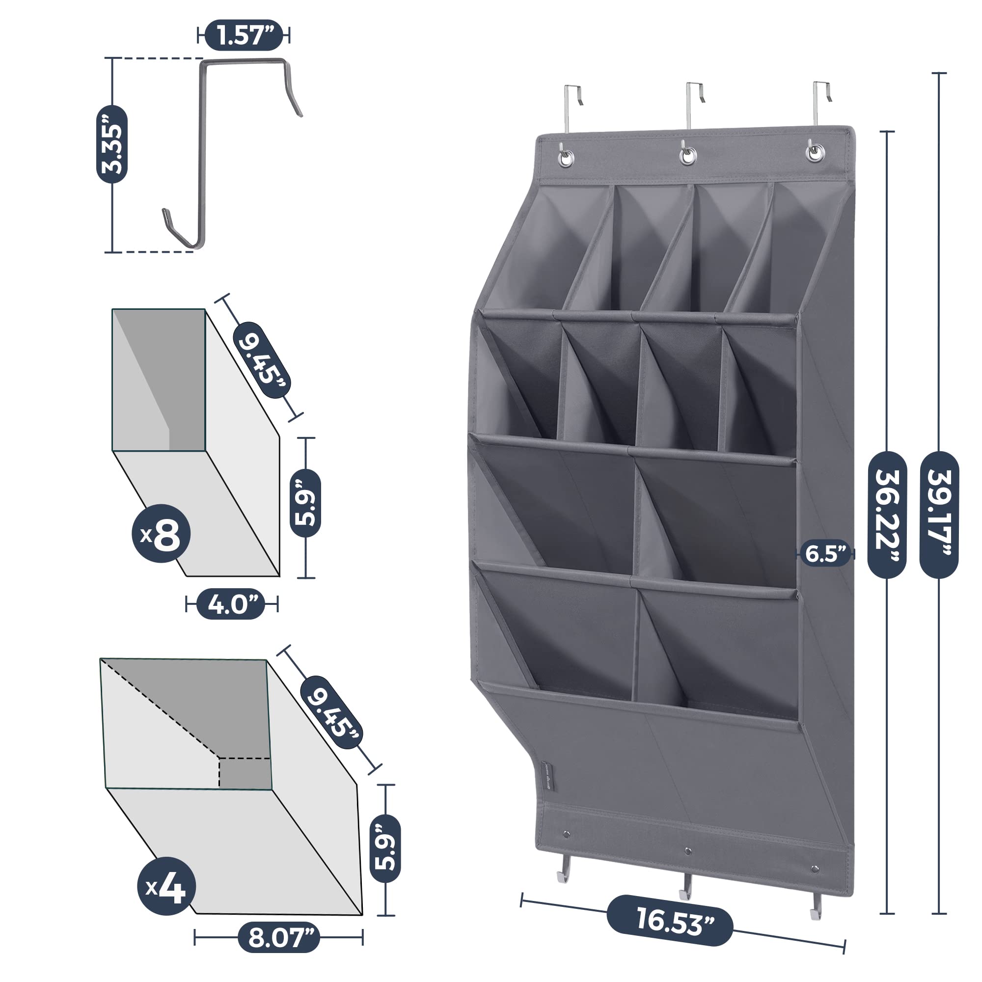 2 Pack Over the Door Shoe Organizer with 8 Large & 4 XL Deep Pockets - Space Saving Hanging Closet Storage for Shoes, Accessories & More - Perfect for Bedrooms, Dorms & Small Spaces (Gray)