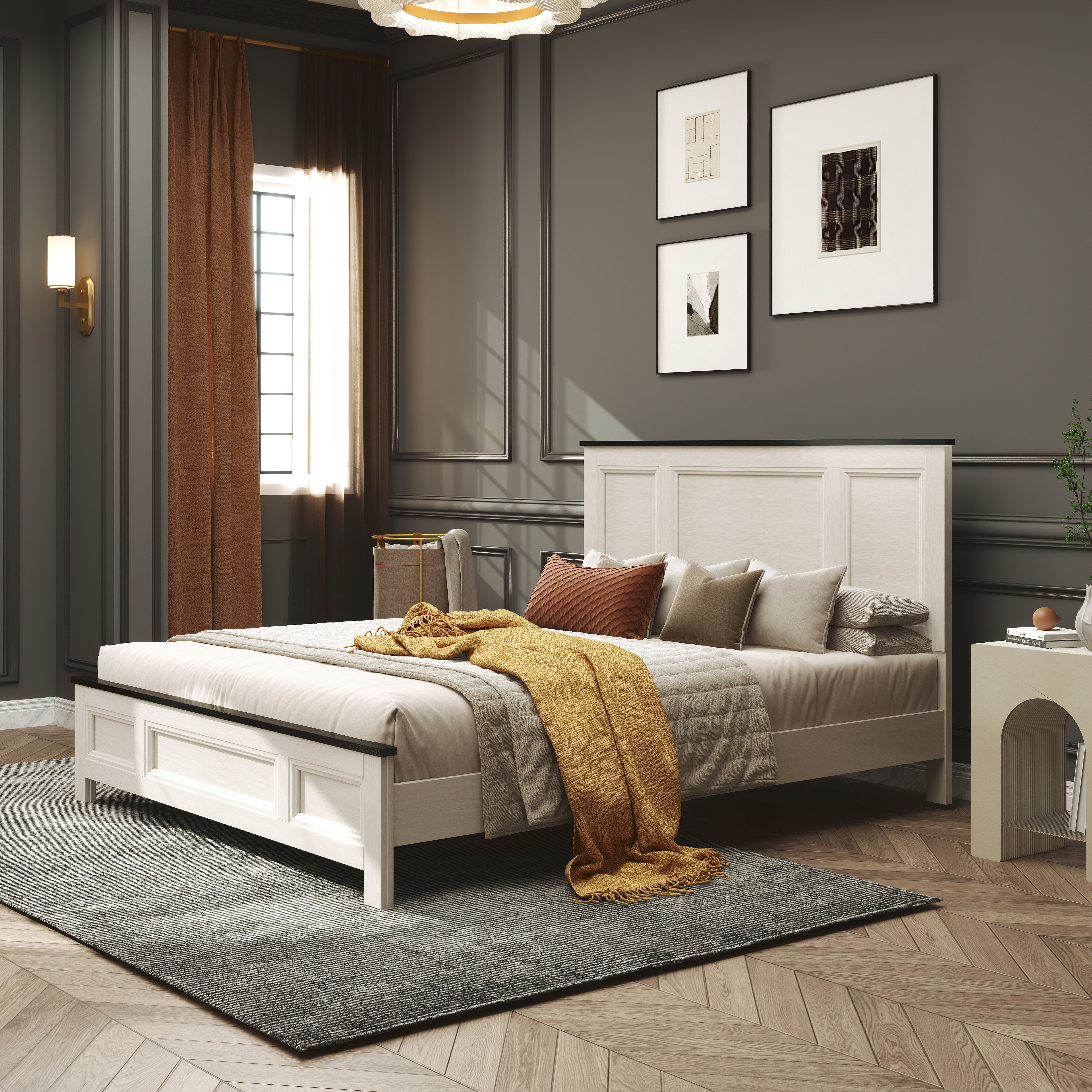 Roundhill Furniture Realynn Panel Bed - Queen Size Off White Finish for Modern Bedroom Decor | Stylish and Durable Bed Frame for Home & Guest Room