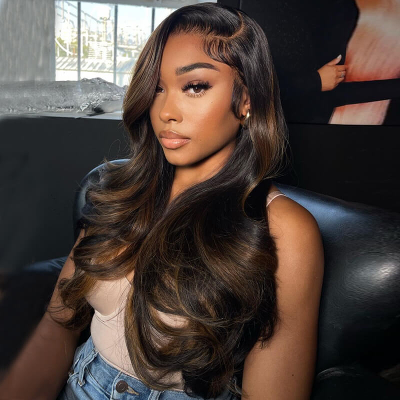 Eullair Brown Highlight Human Hair Pre Cut Lace Frontal Wig - Layered Cut Body Wave with Curtain Bangs for Hairstylists | Perfect for Cosplay, Daily Wear & Special Occasions