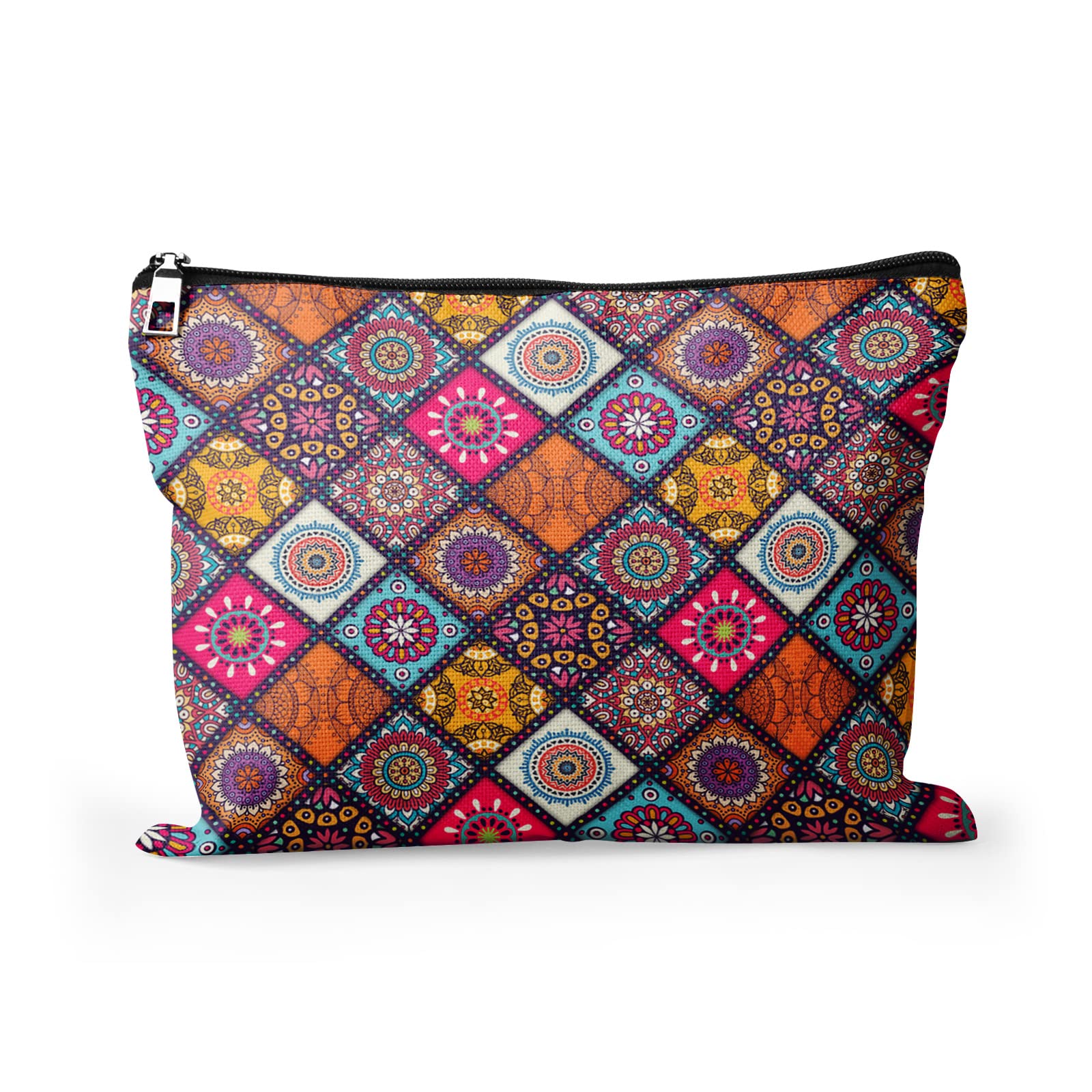 Colorful Boho Mandala Makeup Bag for Women & Girls - Large 10x8 Inch Travel Cosmetic Pouch with Zipper - Perfect Makeup Organizer for Travel, Gym, and Daily Use