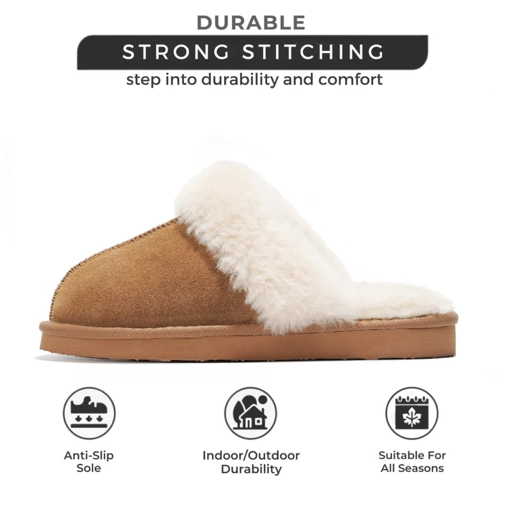 Women's Genuine Suede Shearling Slippers - Non-Slip Memory Foam Indoor/Outdoor Clogs for Comfort & Warmth | Perfect for Home, Office & Travel (Henka)