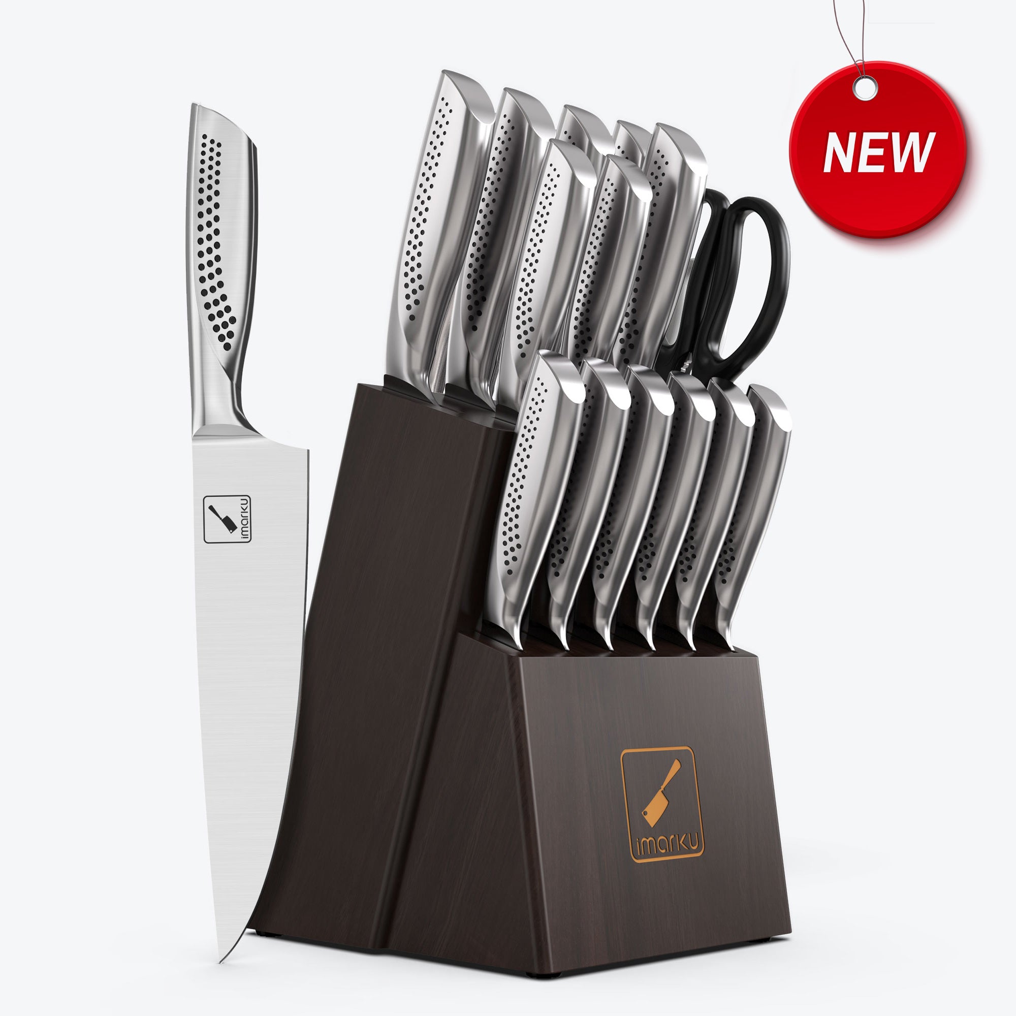 Imarku 15-Piece Stainless Steel Knife Block Set with Built-in Sharpener - Premium Kitchen Cutlery for Chefs & Home Cooking | Perfect for Meal Prep, Slicing, Dicing & Food Presentation