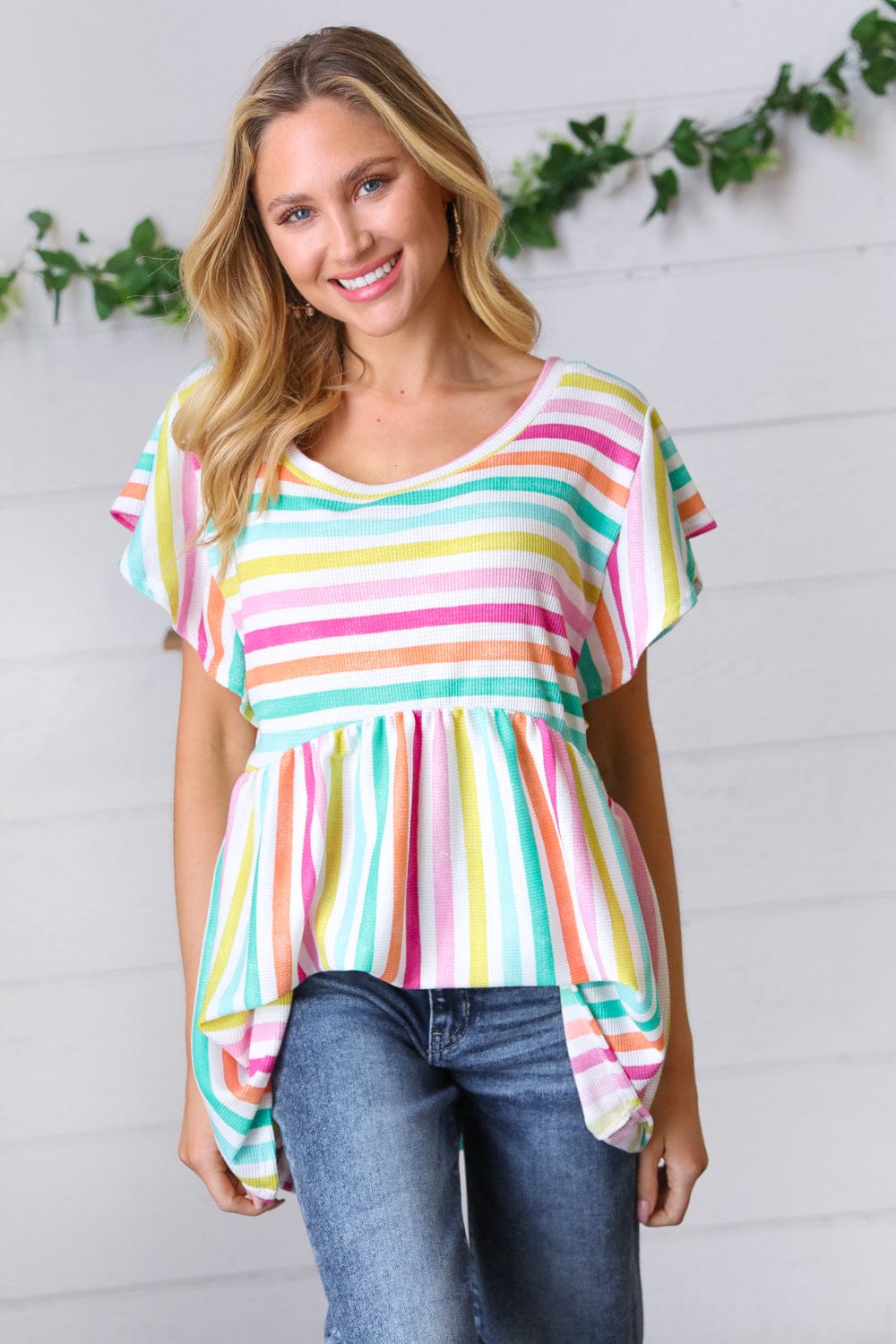 Lavender Rainbow Stripe Babydoll Top - Cute Flowy Summer Crop Top for Women, Perfect for Beach, Music Festivals & Date Nights