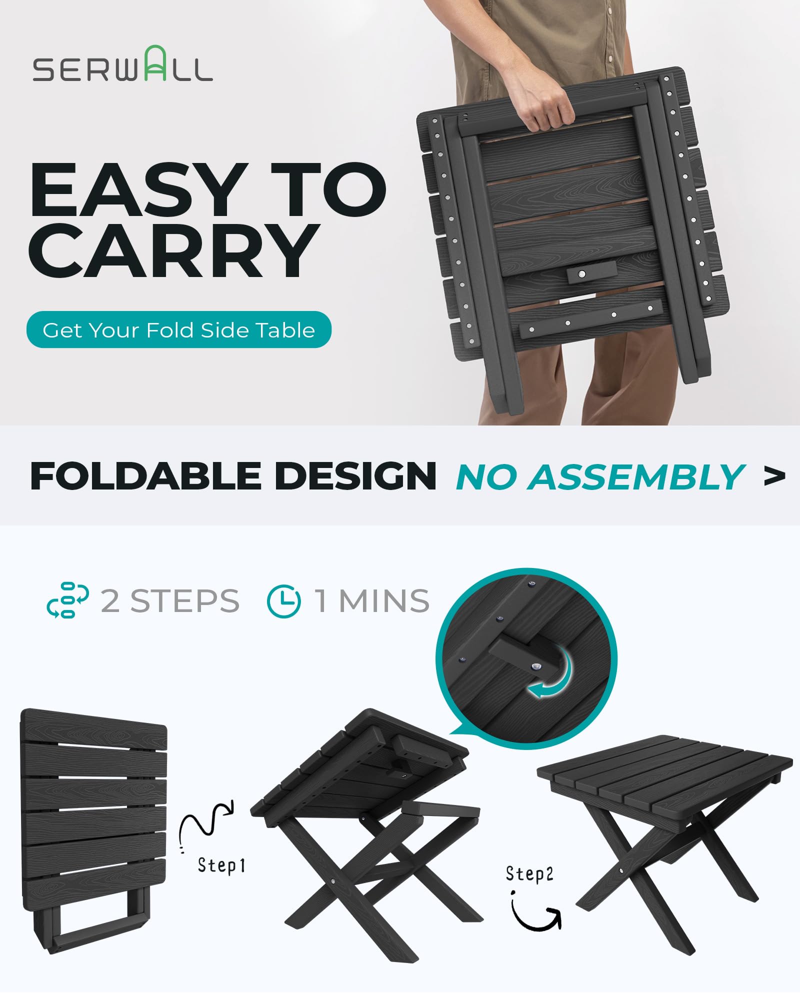 SERWALL Folding HDPE Outdoor Side Table - Portable for Camping & Patio