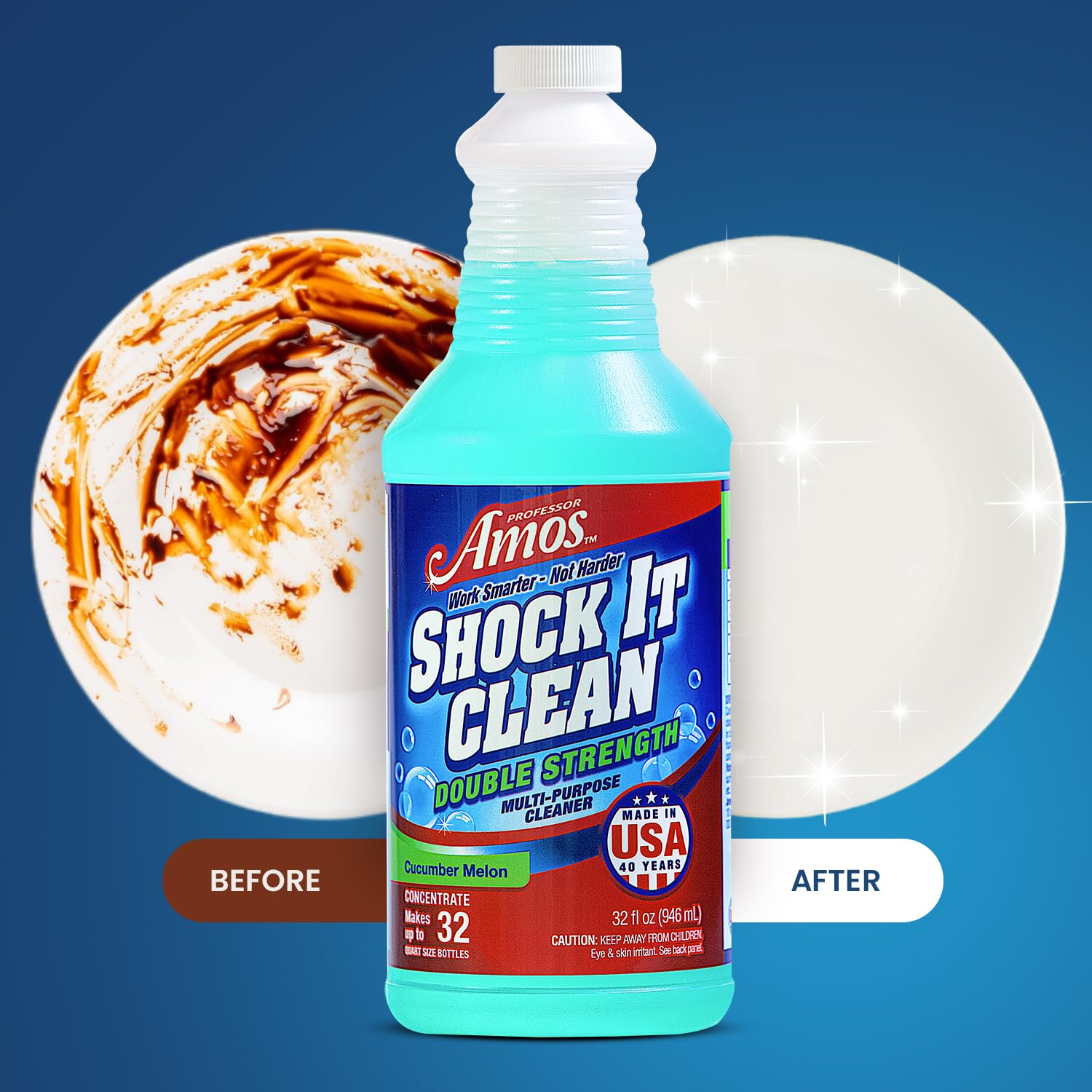 Professor Amos Shock It Clean Multi-Purpose Cleaner Concentrate - Double Strength for Carpets, Jewelry, Upholstery, Leather & Floors | Stain Remover & All-Purpose Cleaner | Cucumber Melon Scent (32 Oz) - Perfect for Home, Office & Auto Cleaning