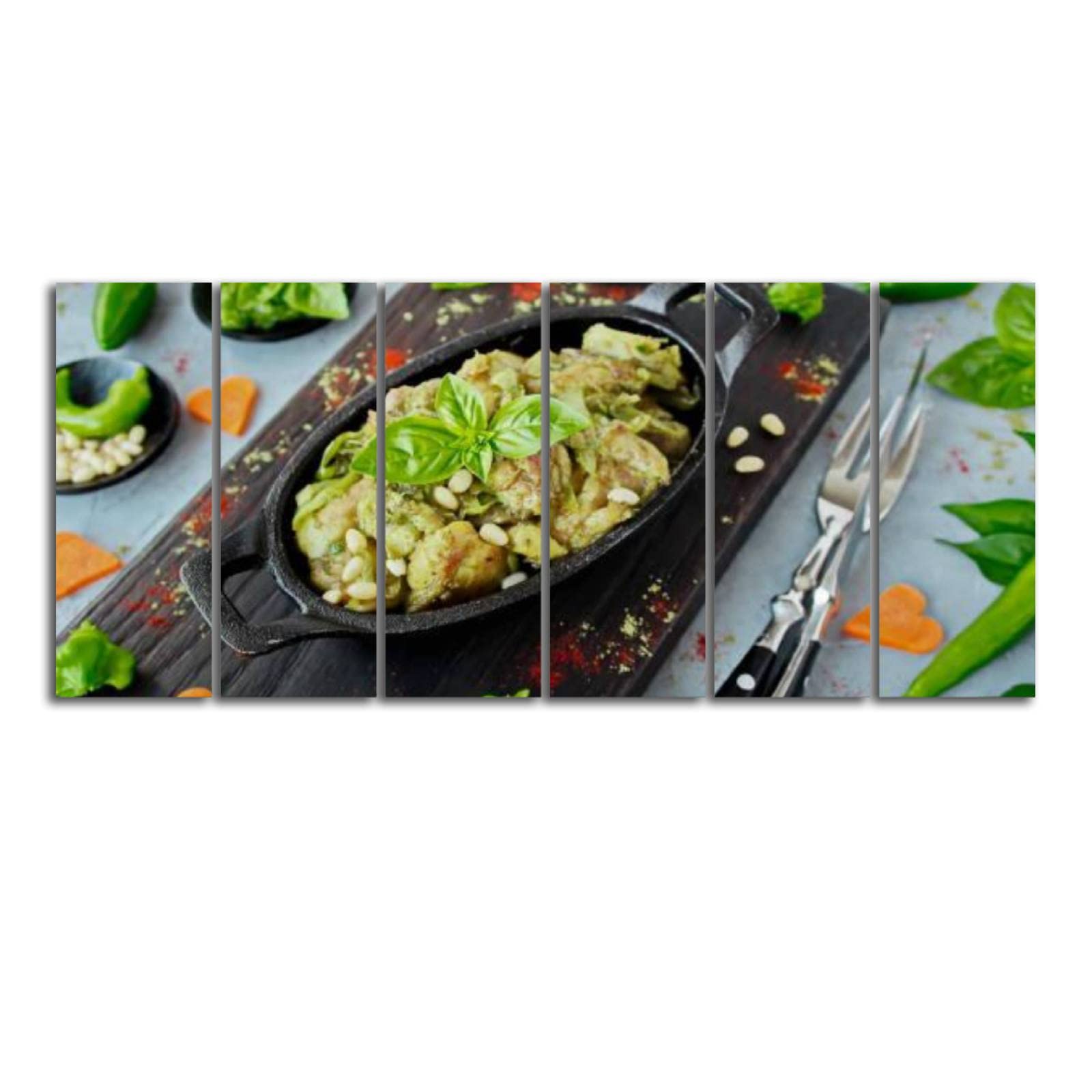 6 Panel Canvas Wall Art - Roast Chicken with Pesto Sauce & Pine Nuts in Cast Iron Pan - Kitchen & Dining Room Decor - Framed Ready to Hang Prints for Home & Restaurant Decor