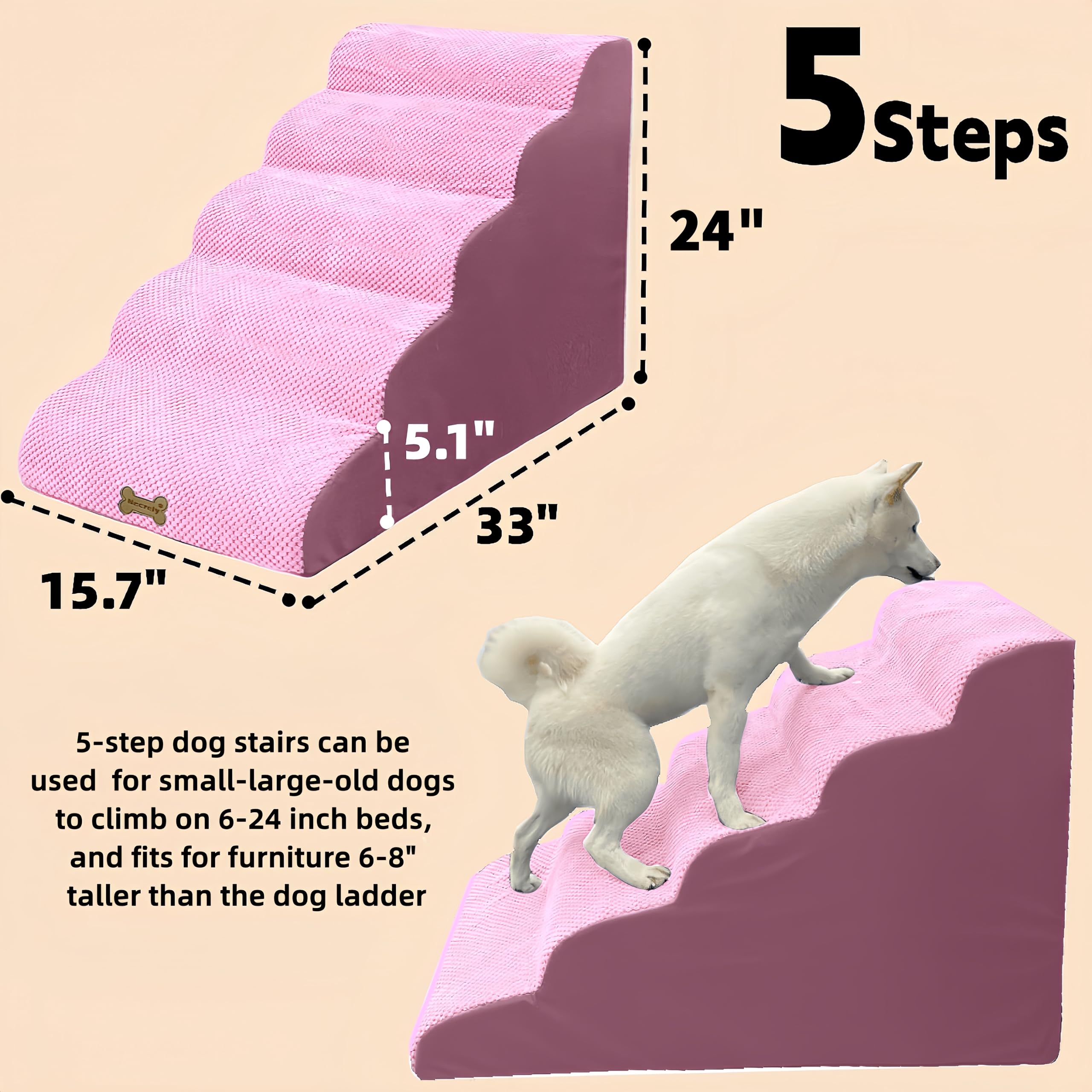 5-Step Dog Stairs for Small & Large Dogs - 24 Inch Pet Ramp with Non-Slip Surface for High Beds & Couches (18-30 Inch Height) - Includes 2 Washable Covers (Pink & Grey) - Perfect for Elderly Pets, Cats & Puppies - Ideal for Bedroom, Living Room & Pet-Friendly Spaces