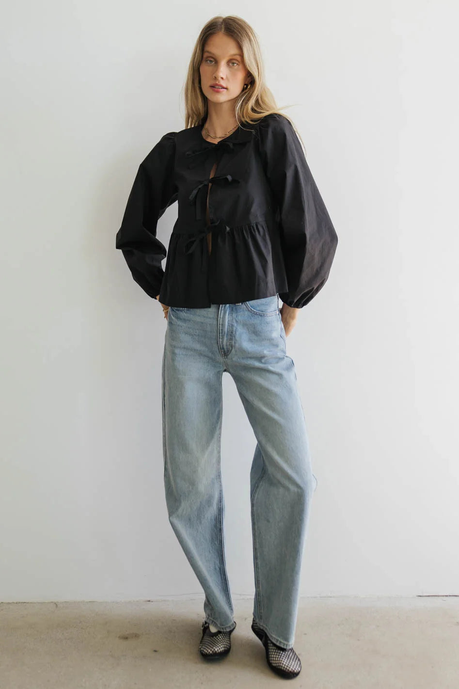 Elegant Maggie Peplum Tie Blouse in Black - Women's Fashion Tops for Work & Evening Out | FINAL SALE