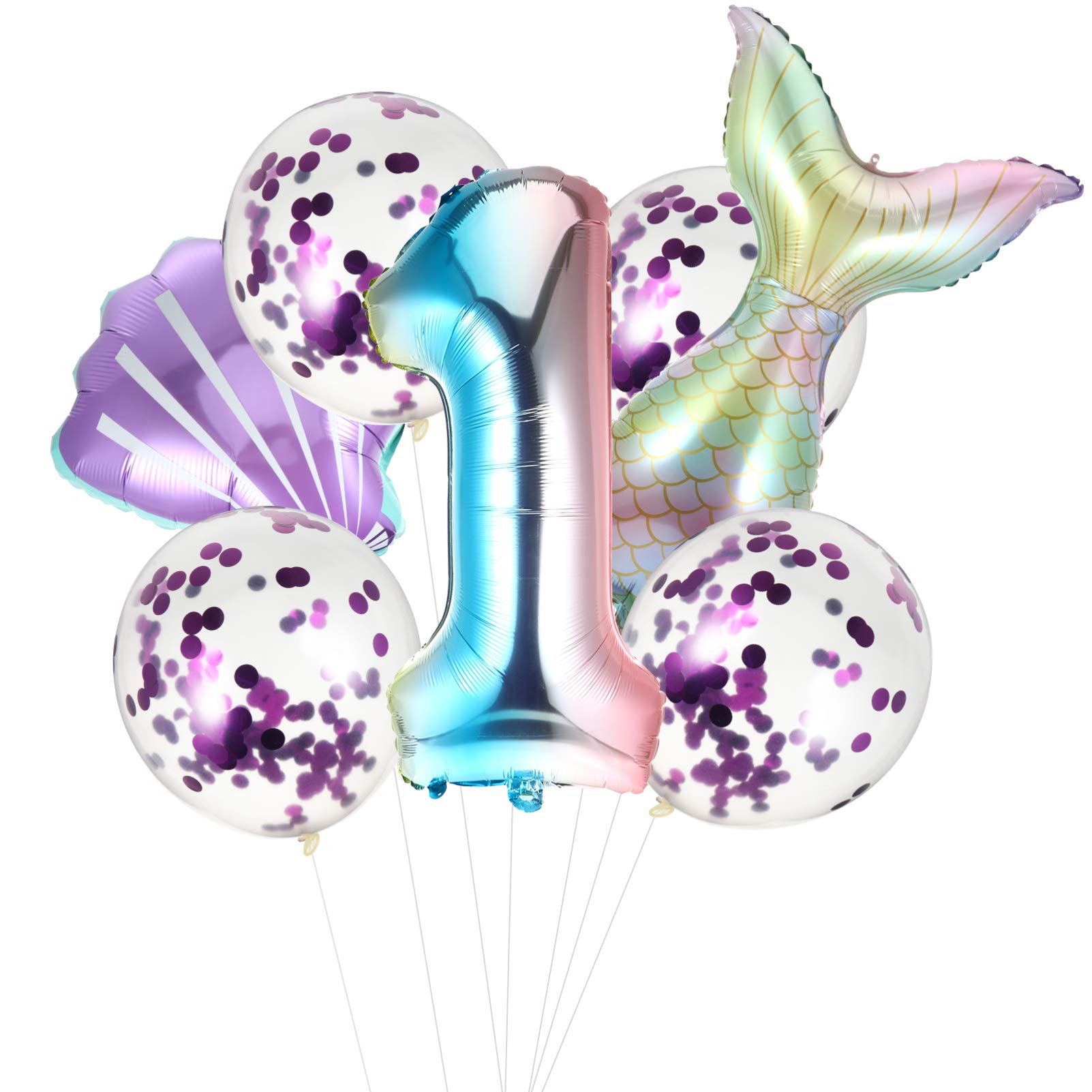KESYOO 7-Piece Mermaid Number Balloons Set - Purple 1st Birthday Party Decorations with Aluminum Foil Mermaid Tail & Metallic Confetti Latex Balloons - Perfect for Baby Showers, Newborn Celebrations, and Underwater Theme Parties