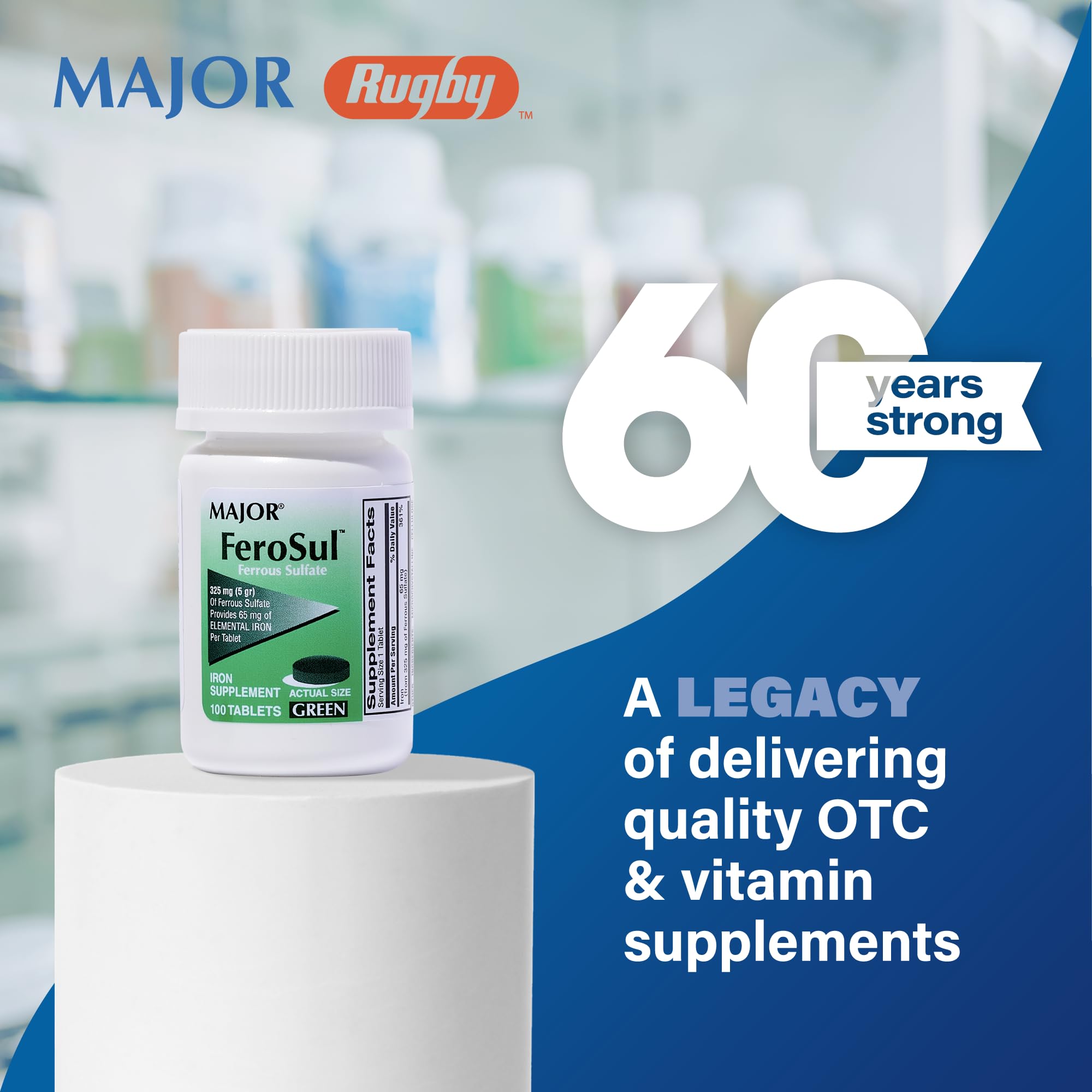 Major Ferosul - Ferrous Sulfate 325mg Tablets with 65mg Elemental Iron - Premium Iron Supplement for Women & Men - Supports Energy & Red Blood Cell Production - 100 Tablets (3 Pack) - Ideal for Anemia Prevention & Fatigue Relief