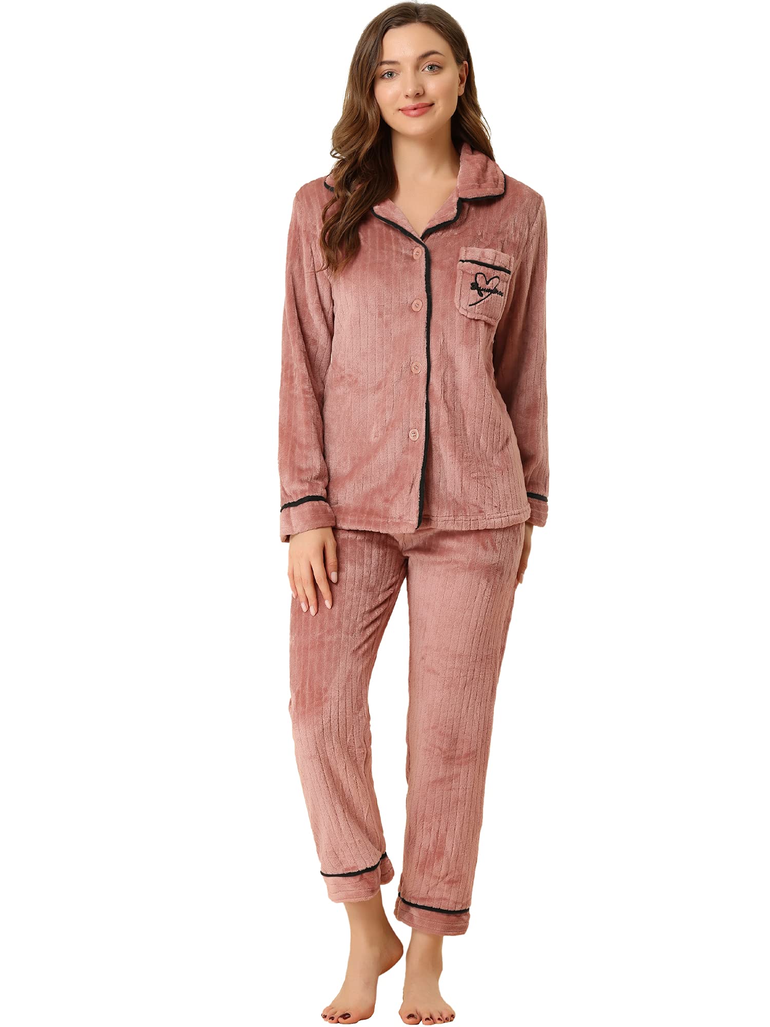Allegra K Women's Flannel Pajama Set - Long Sleeve Button Down Sleepwear for Winter & Cozy Lounge Wear - Perfect for Cold Nights, Relaxing at Home and Holiday Gifts