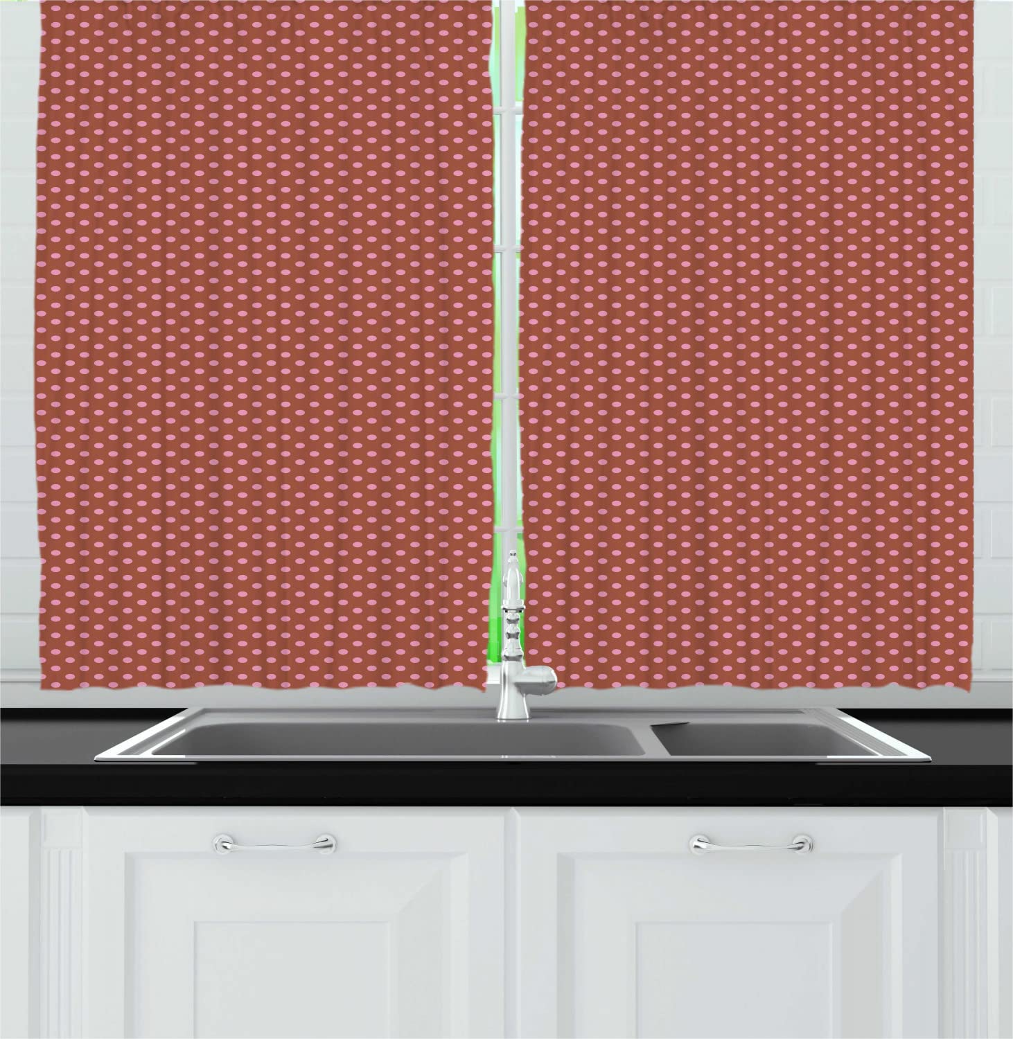 Ambesonne Pink Polka Dot Kitchen Curtains - Brown Background with Blush Circles, 55
