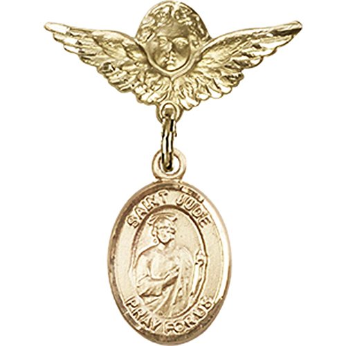 St. Jude Thaddeus Gold Filled Baby Badge with Angel Wing Charm - 1 x 3/4 Inch Religious Pin - Perfect for Baptism Gifts, First Communion & Baby Blessings