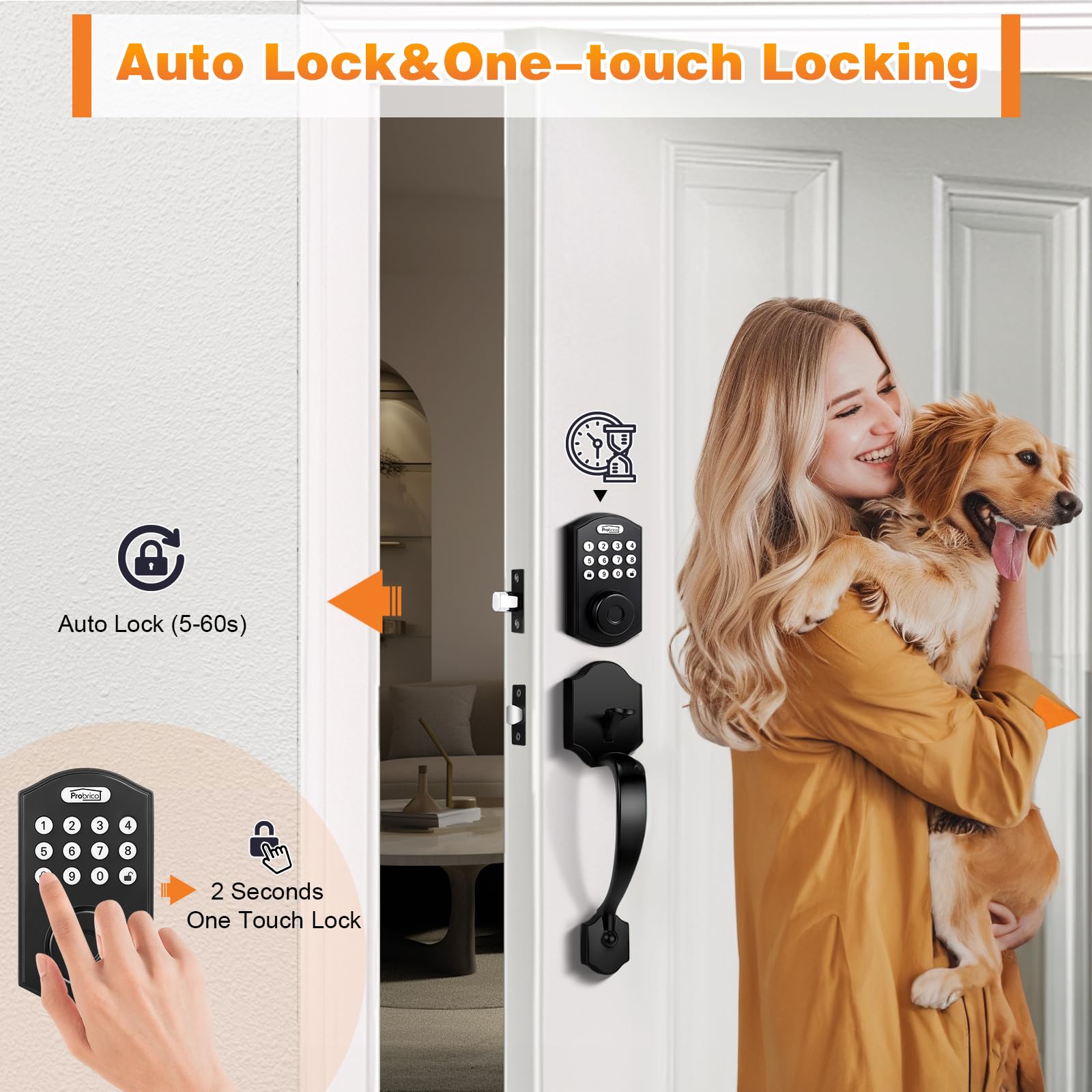 Probrico Smart Keyless Entry Door Lock - Keypad & Fingerprint Deadbolt with Handle for Front Door | Secure & Convenient Smart Locks for Home, Office & Vacation Rental Properties