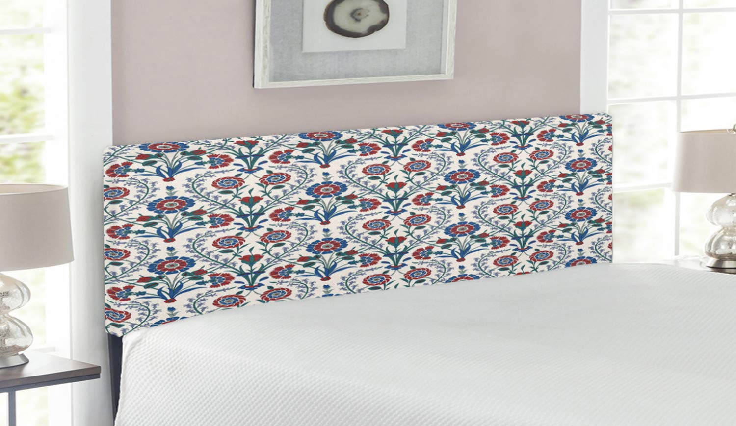 Ambesonne Moroccan Upholstered Headboard - Vintage Floral & Swirled Leaf Turkish Art Design, Queen Size Memory Foam Bed Headboard in Maroon Teal | Perfect for Bohemian & Eclectic Bedroom Decor