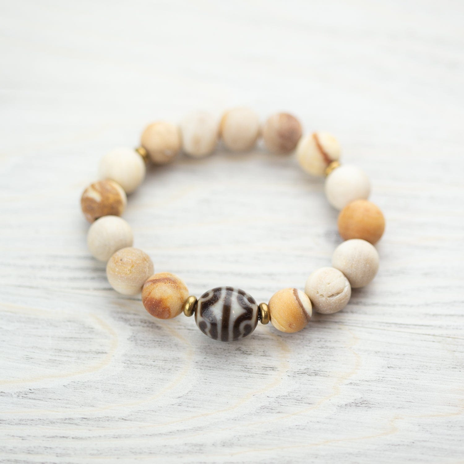 Natural Grounding Fossilized Wood Dzi Bracelet for Men & Women - Tibetan Healing Energy Stone for Stress Relief & Spiritual Protection - Perfect for Meditation, Yoga & Daily Wear
