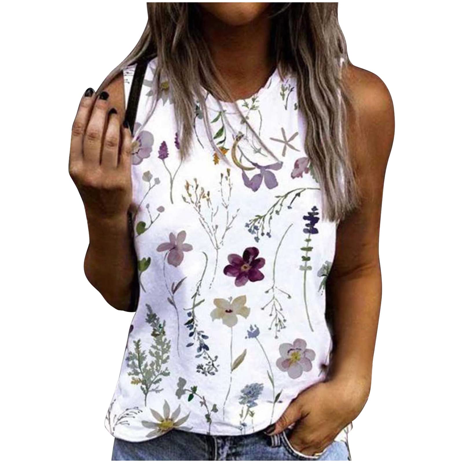 Ruziyoog Women's Floral Printed Sleeveless Tank Top - Summer Casual Crewneck Loose Fit Tunic Tee Blouse | Perfect for Beach Outings, Yoga, and Everyday Wear