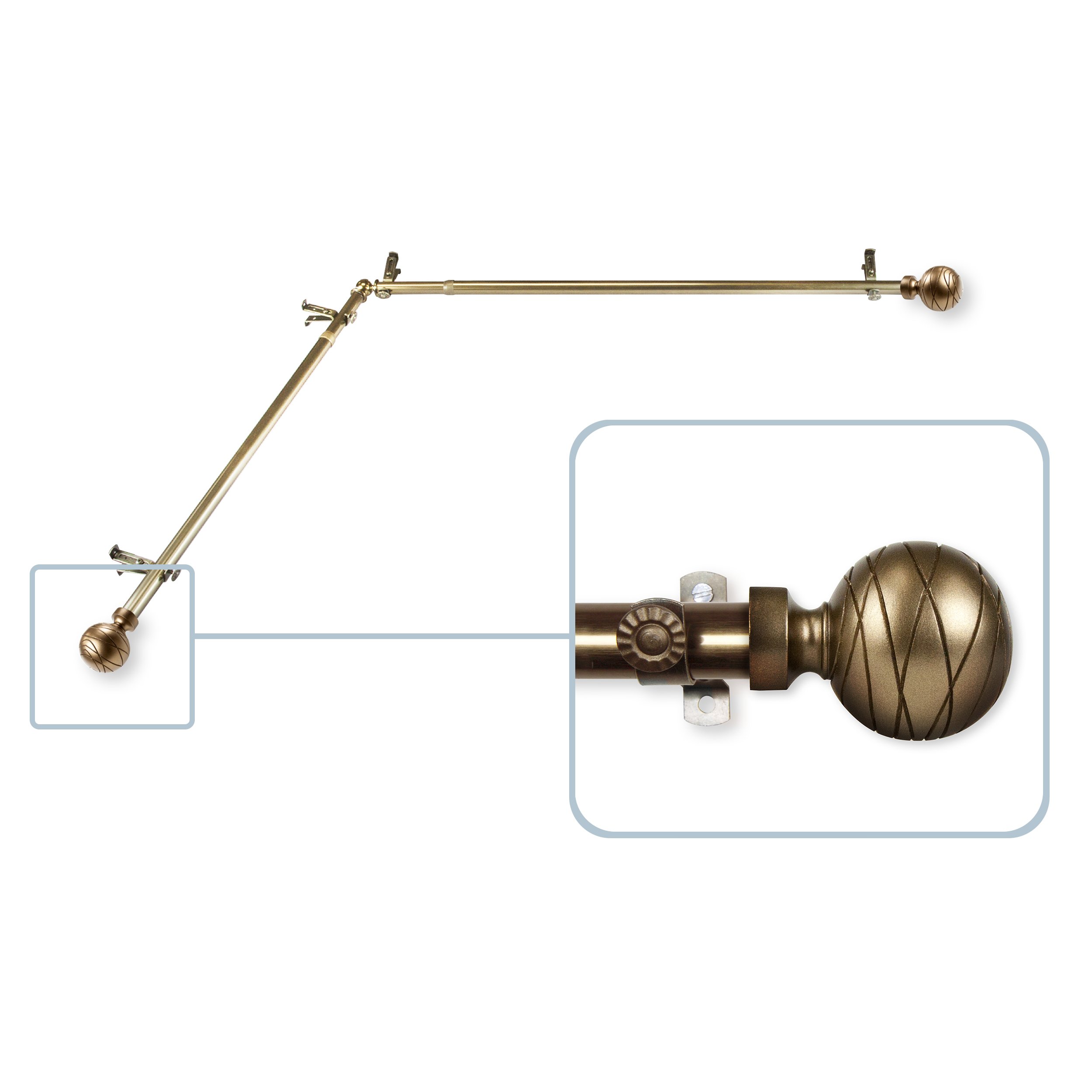 Rod Desyne Arman Corner Window Curtain Rod 13/16 inch Diameter 66-120 Inches - Antique Brass Finish for Living Room, Bedroom & Bay Windows
