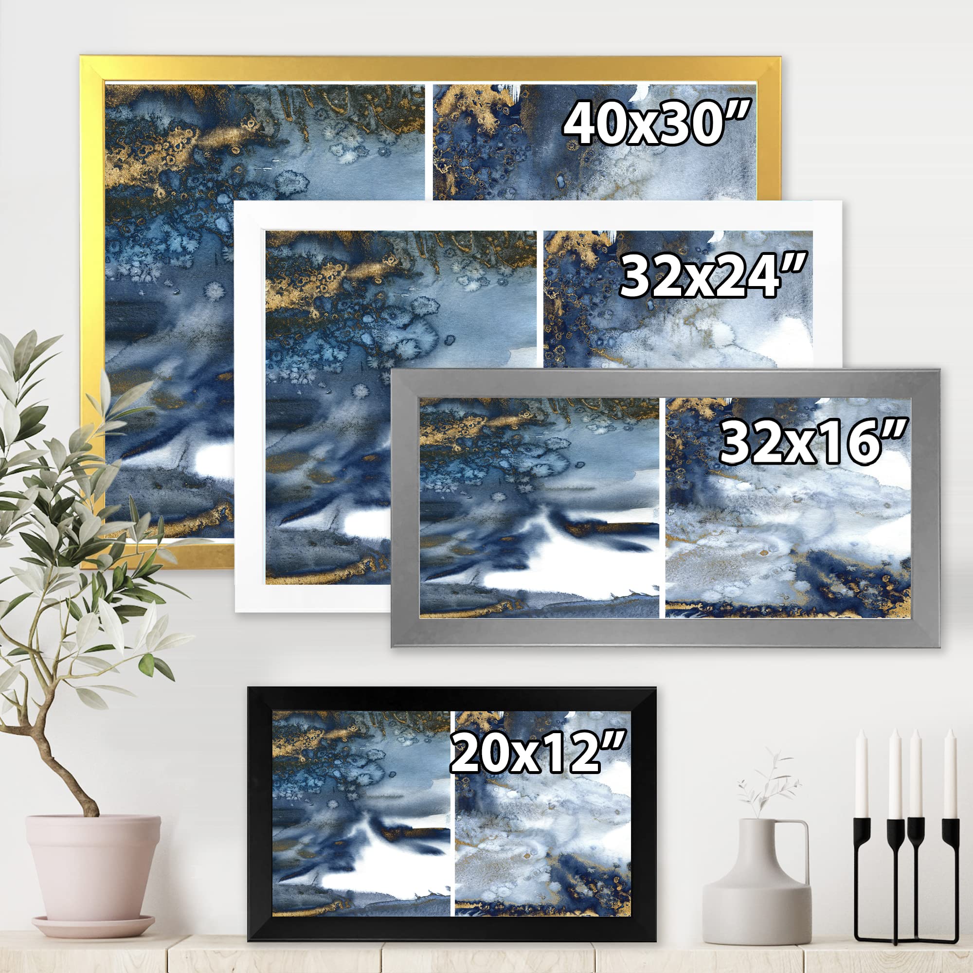 DesignQ Dark Blue and Gold Abstract Waves IV Modern Framed Wall Art - Premium Canvas Painting for Living Room, Bedroom & Office Decor