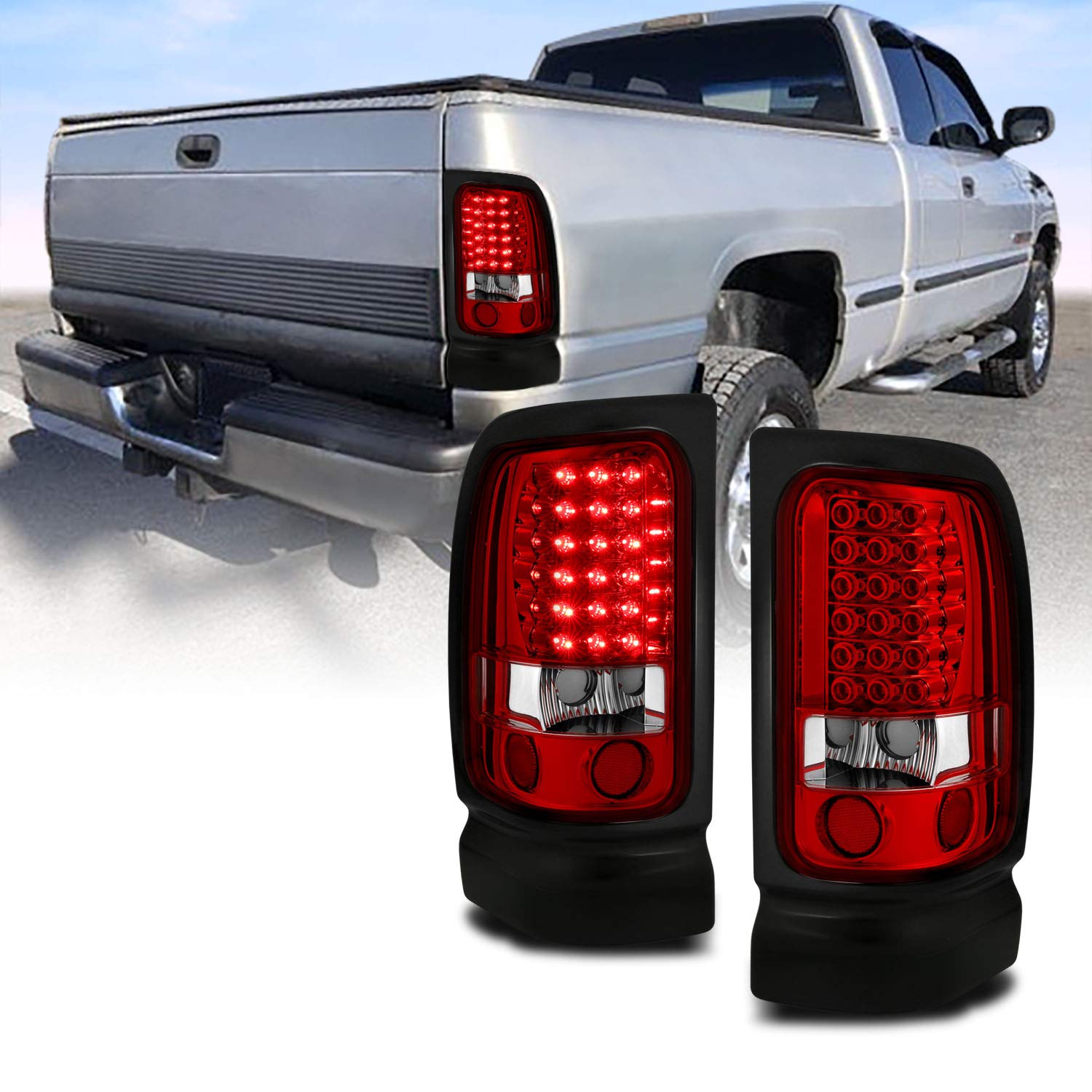 AmeriLite LED Brake Tail Lights for 94-01 Dodge Ram 1500 2500 3500 - Crystal Red Pair (Driver & Passenger Side) | Enhanced Visibility & Safety for Night Driving & Towing