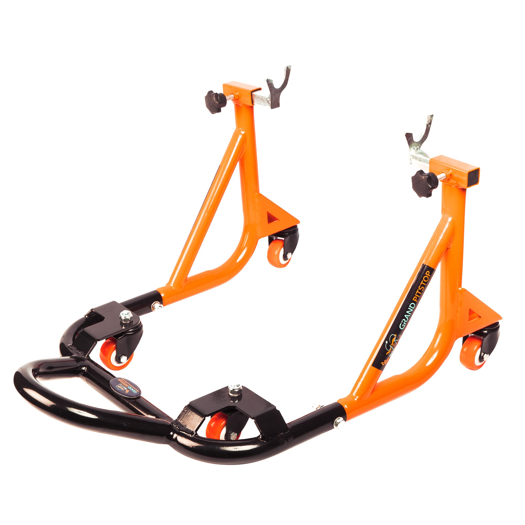 Universal Adjustable Motorcycle Rear Paddock Stand with Swingarm Rest - 360° Rotatable, Supports Up to 500 lbs (226 kg) - Black & Orange - Perfect for Bike Maintenance, Storage & Transport