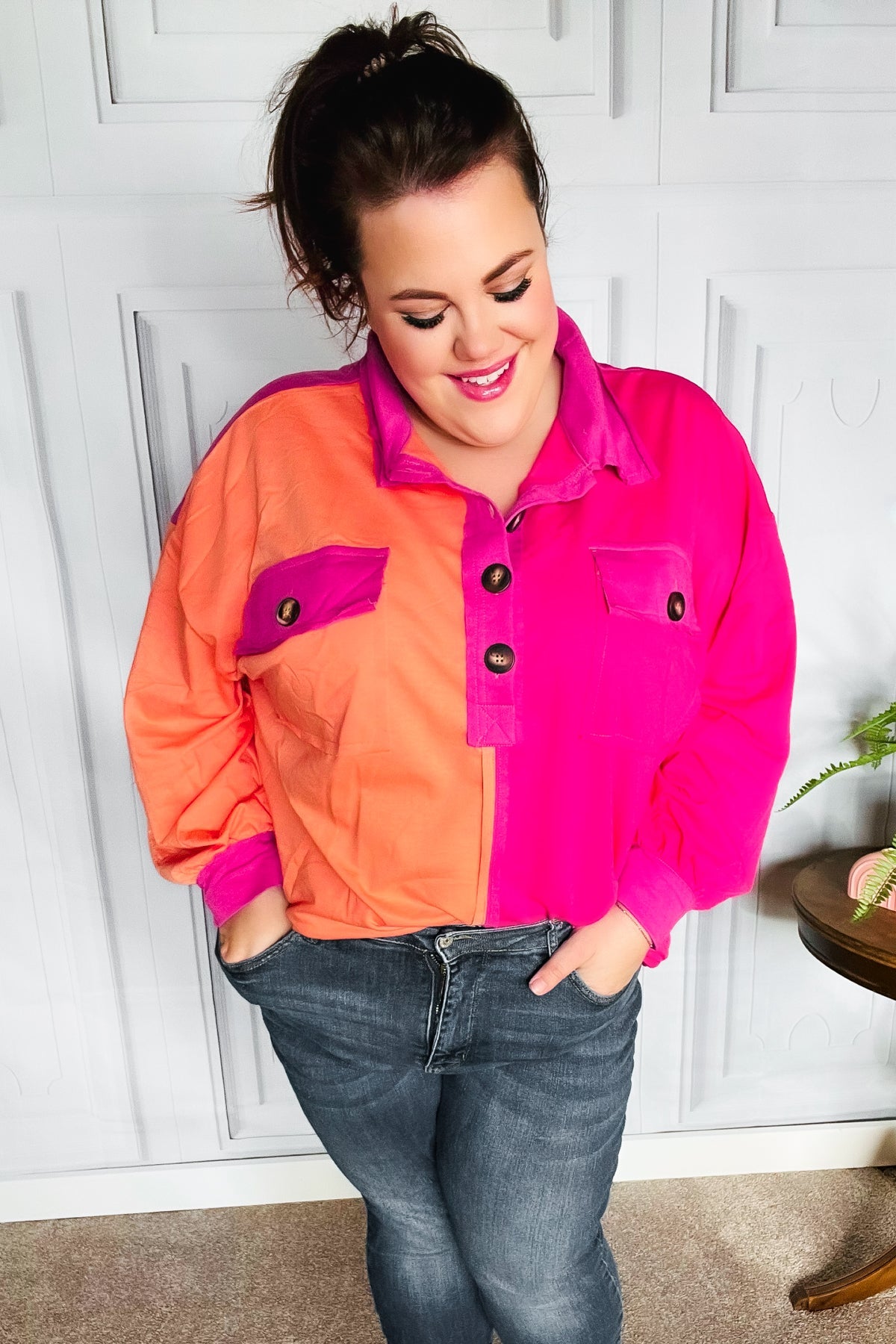 Stylish Orange & Fuchsia Color Block Button Down Shirt for Women | Trendy Casual & Office Wear | Perfect for Work, Dates & Everyday Outfits