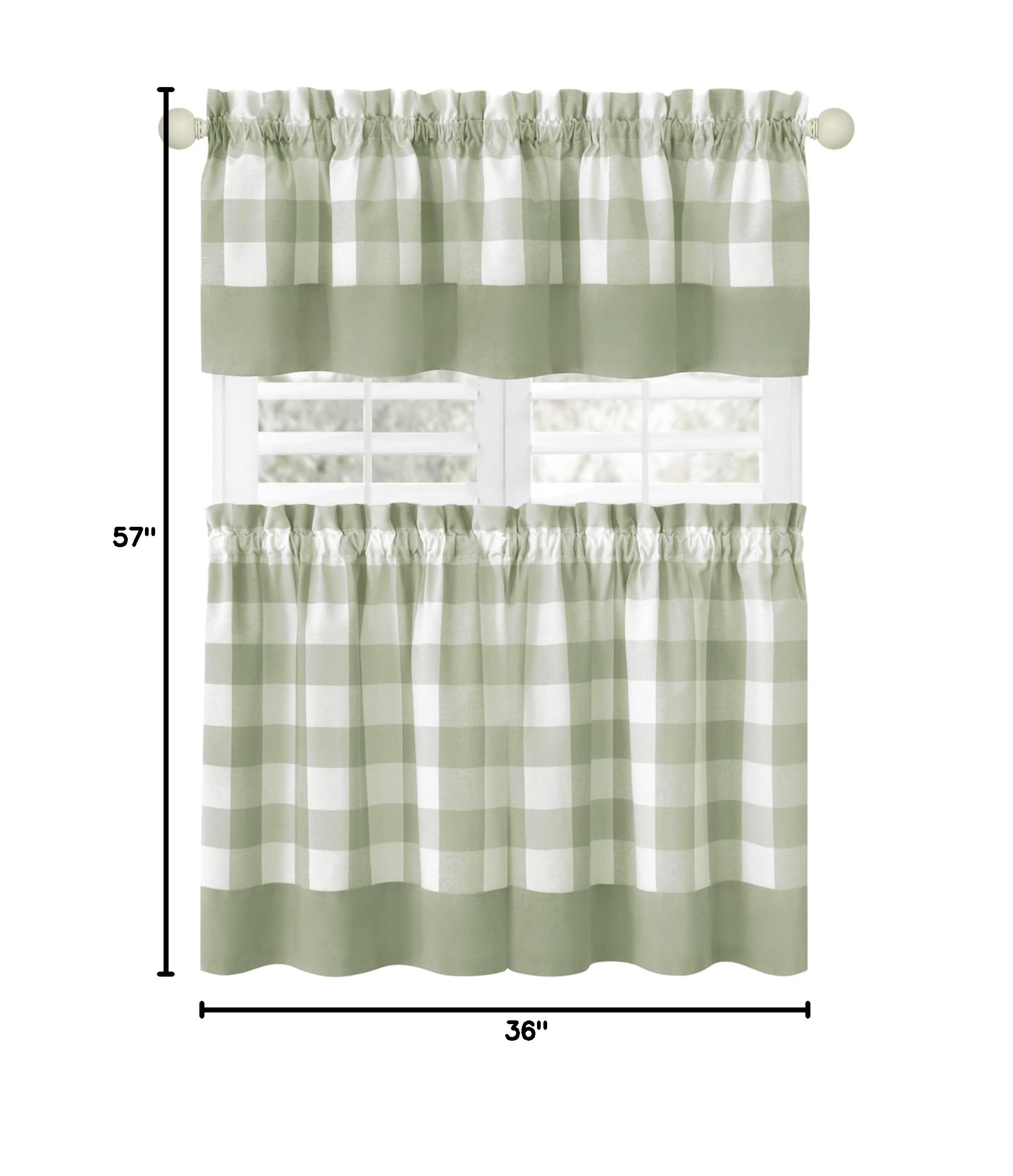 Premium Cotton Blend Kitchen Curtains and Valances Set - Classic Country Plaid Checkered Design, Cafe Curtains Tier & Valance with Rod Pocket, 57