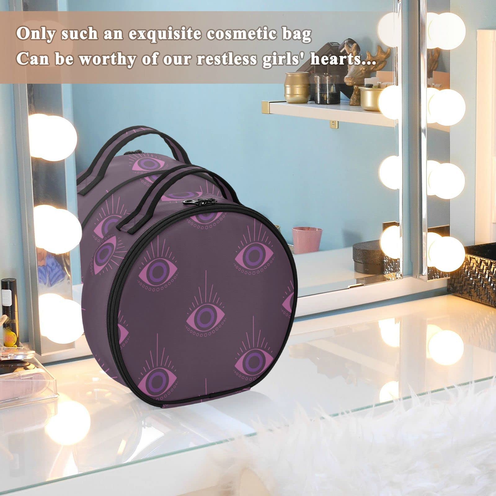 Linqin Portable Makeup Organizer for Women - Travel Makeup Bag with Adjustable Dividers & Evil Eye Design - Toiletry Organizer for Brushes, Jewelry, Cosmetics (One Size) - Perfect for Travel, Home Storage & Daily Organization