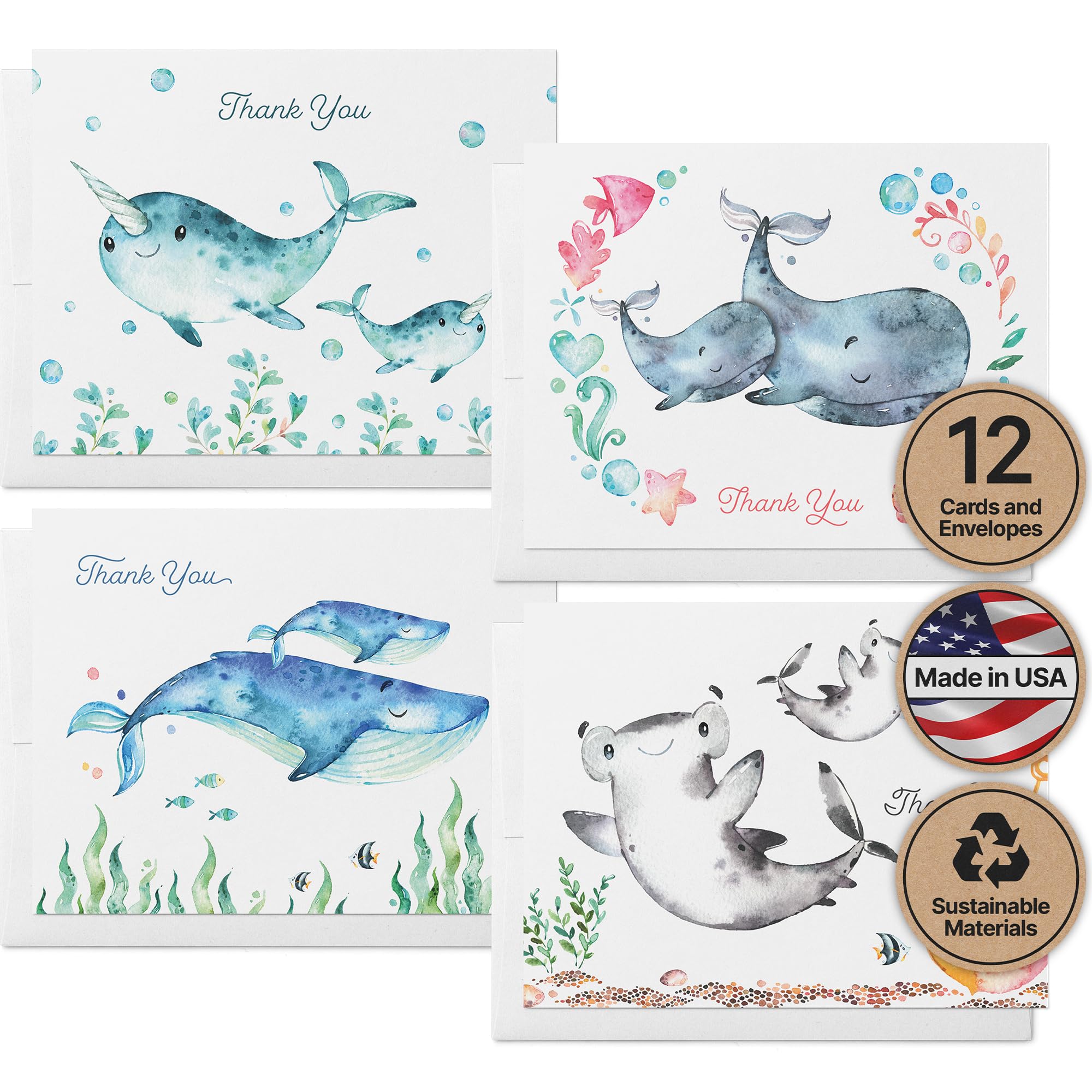 Twigs Paper Thank You Card Set - 12 Assorted Greeting Cards with Envelopes for All Occasions | Eco-Friendly Appreciation Cards Made in USA | 5.5 x 4.25 Inch Ocean Themed Stationery - Perfect for Weddings, Birthdays & Corporate Gifting