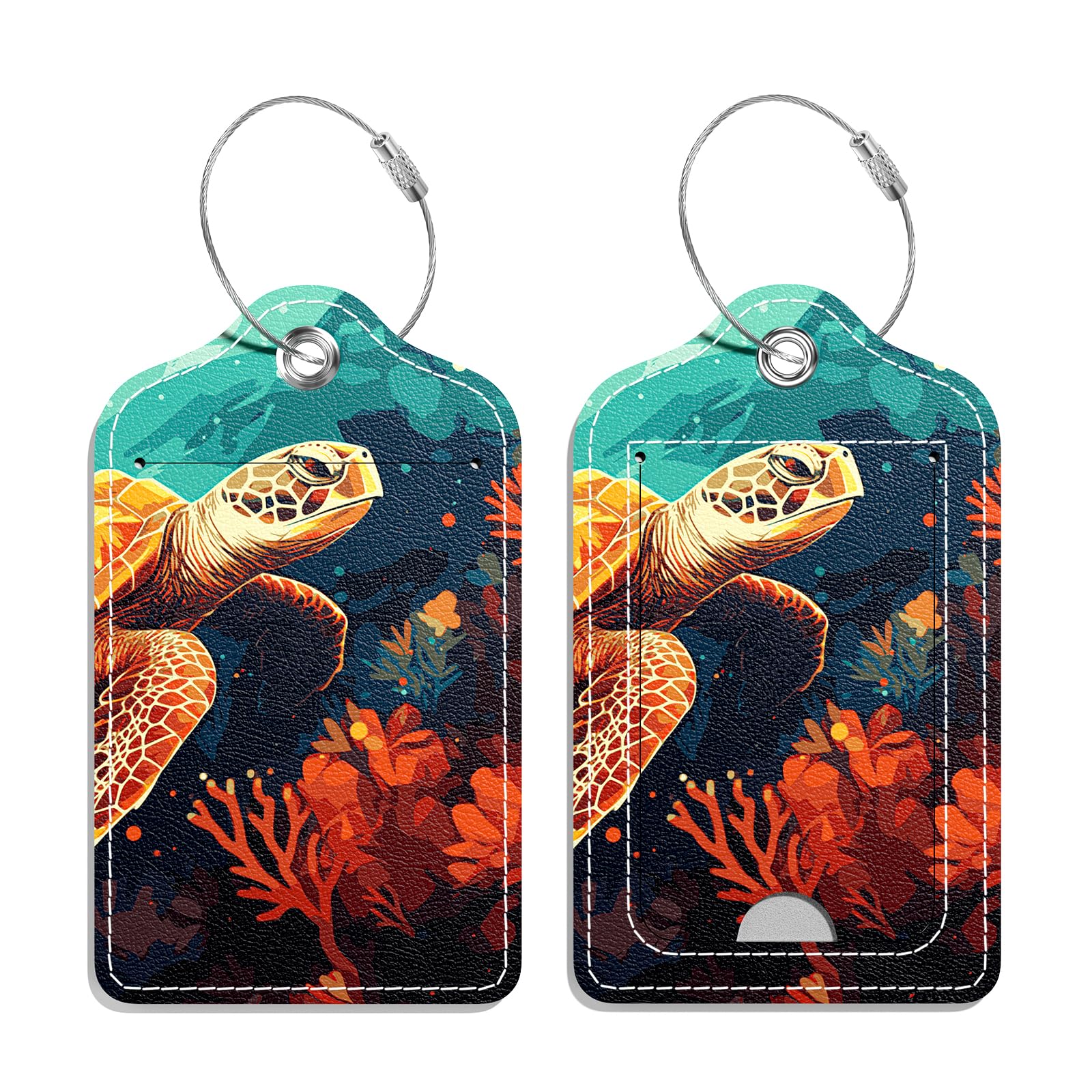 2 Pack PU Leather Luggage Tags for Suitcases & Backpacks - Cruise Travel ID Tags with Privacy Flap, Metal Loop & Customizable Name Label for Women, Men & Kids - Art Turtle Design (Perfect for Airports, Hotels & Cruise Vacations)