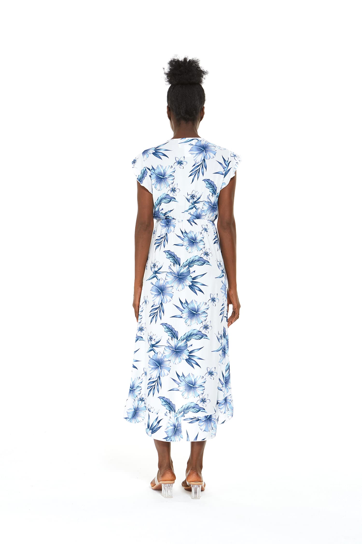 Hawaiian Couple Matching Outfits - Luau Shirt & Ruffle Wrap Dress Set in Day Dream Bloom Print | Tropical Beach Vacation, Summer Party, Honeymoon Outfits for Him & Her