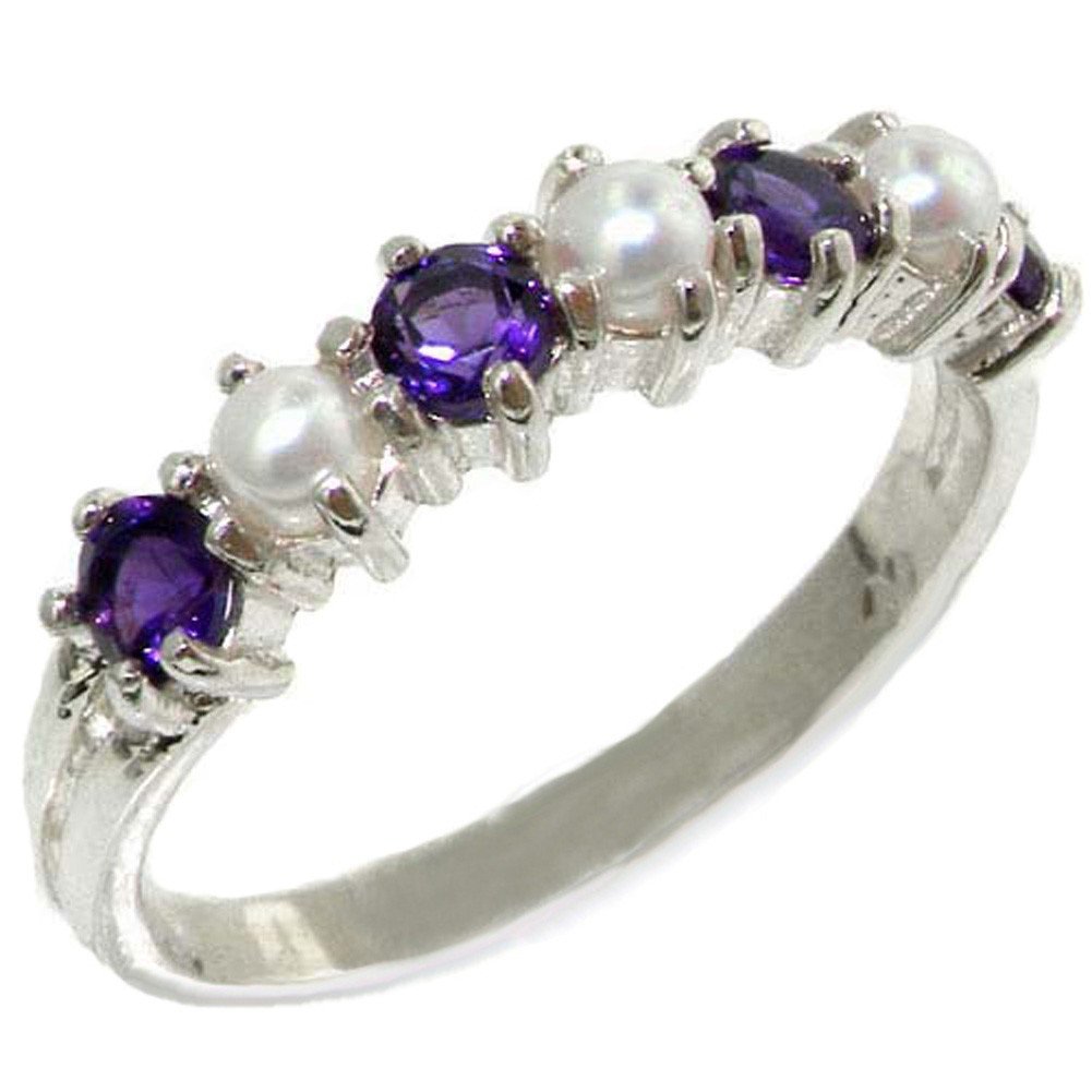 Solid Sterling Silver Ring with Natural Amethyst & Pearl - Elegant Ladies Eternity Band for Wedding, Anniversary & Special Occasions