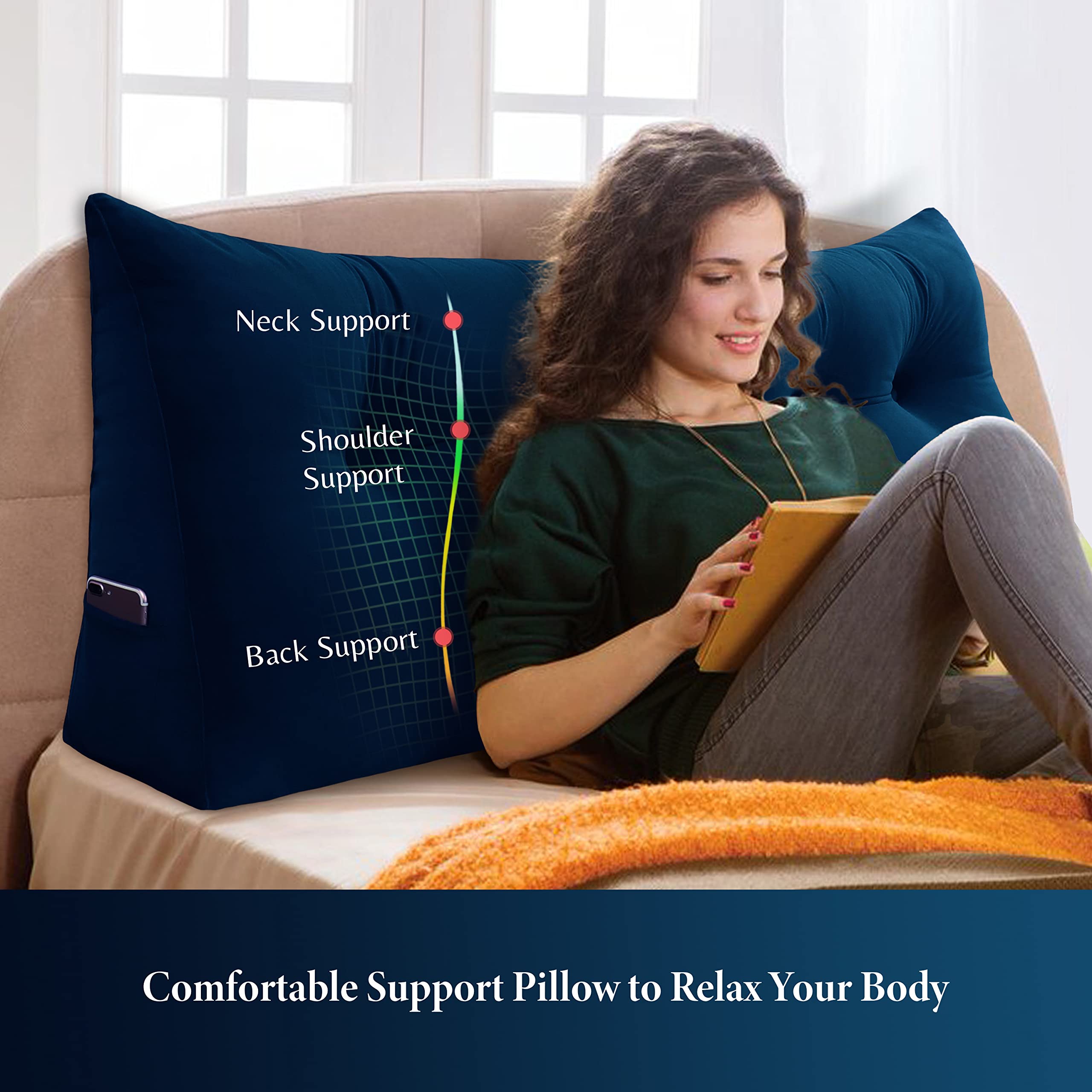 Velvet Deep Blue Large Wedge Pillow for Bed - Headboard Pillow, Reading Pillow, Daybed Cushion, Triangular Back Support, Bolster Gap Filler | Perfect for Reading in Bed, Lounging, or Back Support While Watching TV