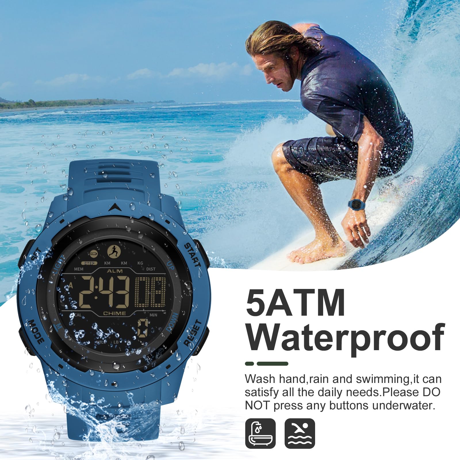 Findtime Men's Digital Sports Watch - Waterproof Military Watch with Step Counter, Calorie Tracker, Stopwatch, Alarm & LED Backlight | Perfect for Running, Gym Workouts & Outdoor Activities