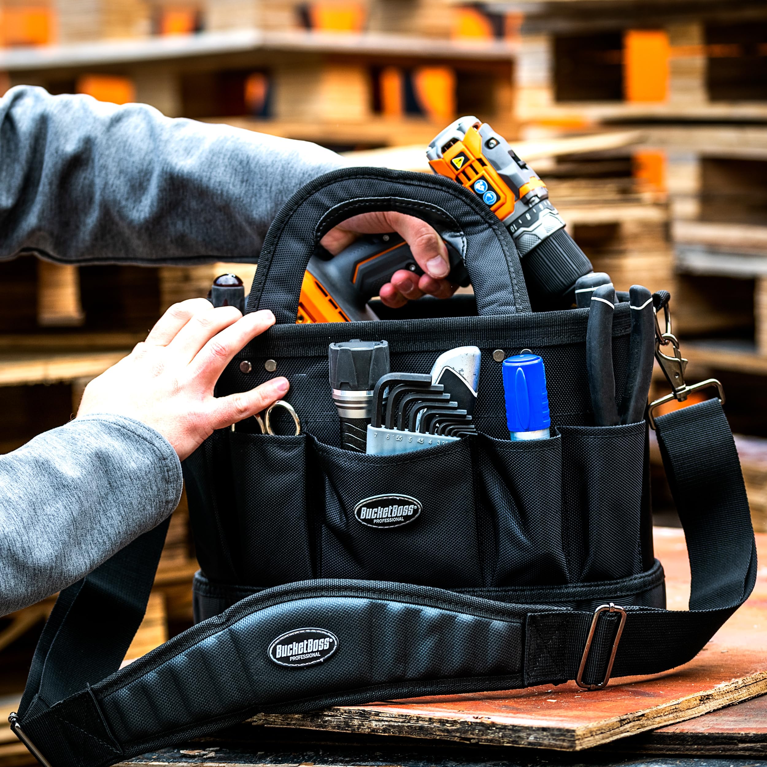 Bucket Boss Pro Oval Tool Tote 14 - Professional Series Tool Bag (74014) Black - Durable Construction Tool Organizer for Electricians, Contractors & DIY Home Improvement Projects