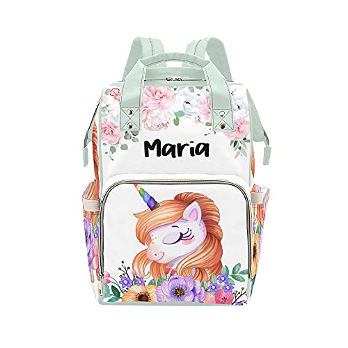 Custom Personalized Watercolor Unicorn Floral Diaper Backpack for Women & Men - Nursing Baby Bag with Name Tag, Travel Daypack & Shoulder Bag for Moms, Dads & Parents on the Go