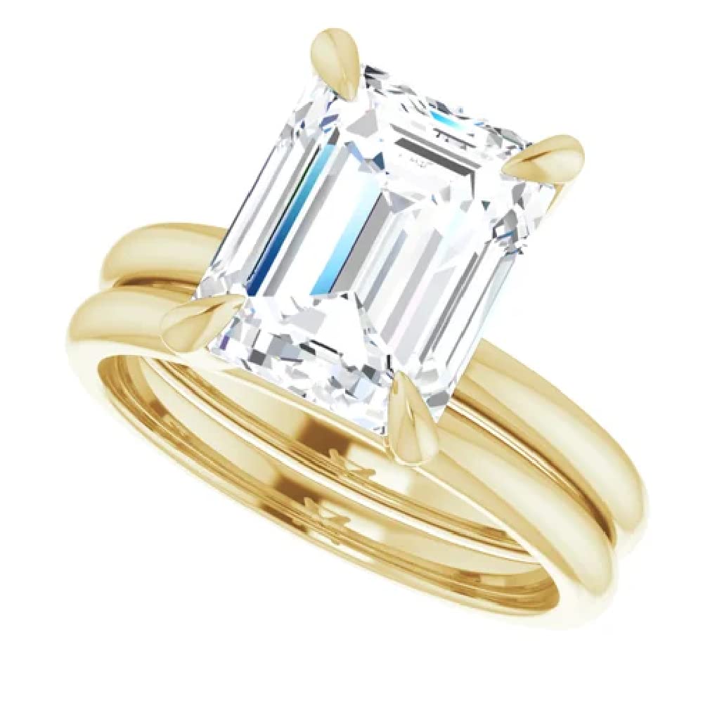 Handmade 10K 14K 18K Solid Yellow Gold Women's Engagement Ring Set with 4 Carat Emerald Cut Moissanite - Wedding, Bridal, Anniversary & Promise Gift for Her - Perfect for Proposals, Special Occasions & Romantic Surprises