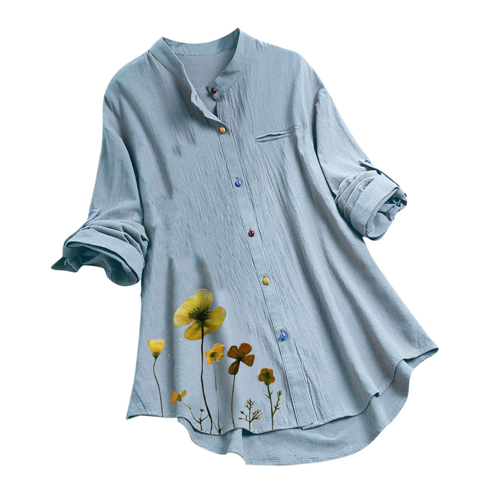 Women's Floral Print Loose Long Sleeve Casual Blouse - Button Down O-Neck Top for Everyday Wear, Office & Date Nights