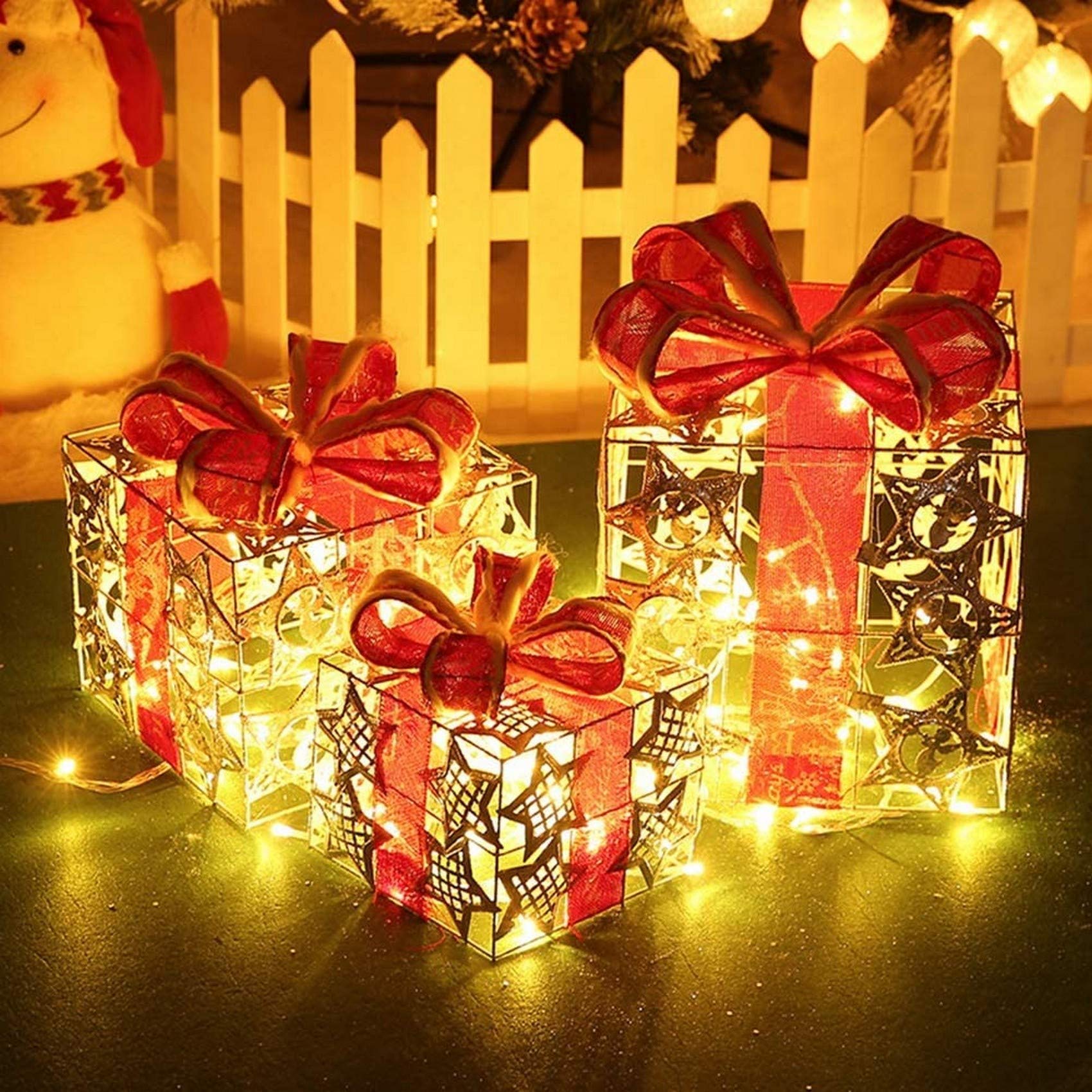 3-Pack Christmas Light Up Glitter Gift Box Set - USB Powered LED Illuminated Holiday Decorations for Tree, Home & Party Gifting (Super Bright Xmas Ornaments & Present Decor)