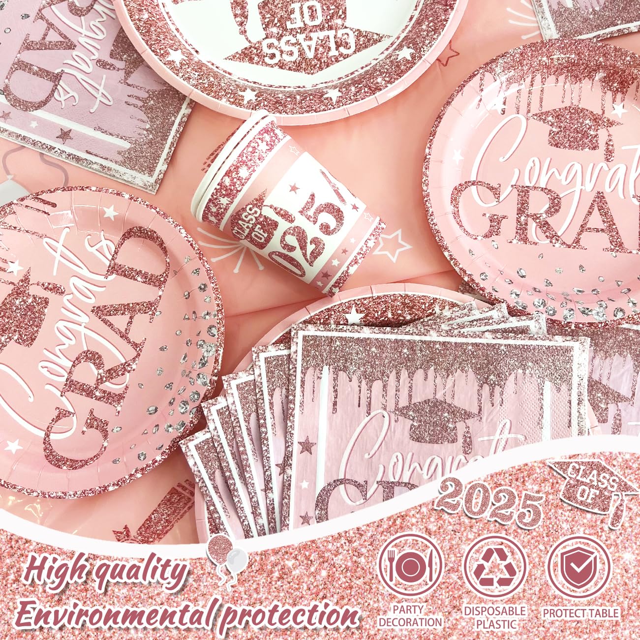 **2025 Graduation Party Decorations Set - Pink Plates, Napkins, Cups, Tablecloths, Banner, Cake Topper & Balloons - Congrats Grad Supplies for 20 Guests - Perfect for Graduation Ceremonies & Celebrations**