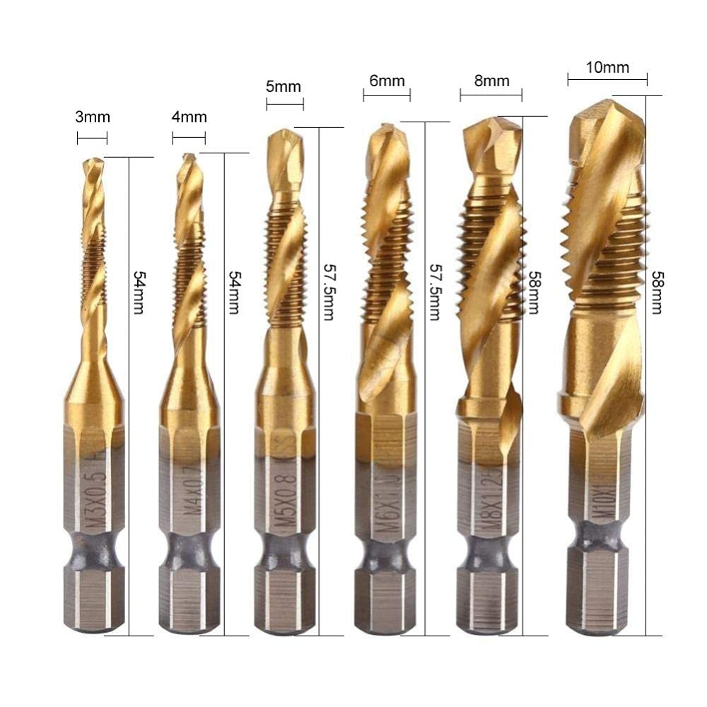 6Pcs Titanium Plated M3-M10 Hex Shank Drill Bit Set - Screw Tap & Countersink Bits for Woodworking, Metal & DIY Projects | Perfect for Cabinetry, Furniture Making & Home Repairs