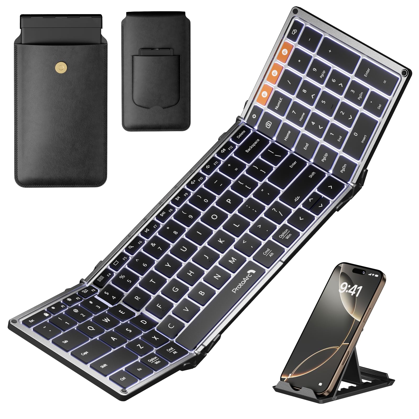 ProtoArc XK01 Plus Backlit Foldable Bluetooth Keyboard - Full-Size Portable Wireless Keyboard for iPad, Tablet, Smartphone, Laptop & PC - Perfect for Travel, Office & Home Use with Adjustable Backlight