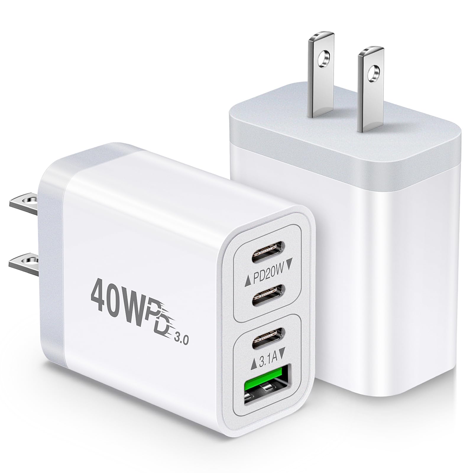 Ancekoy 40W 4-Port USB C Wall Charger [2 Pack] - Fast Charging Block with Dual PD+QC Ports for iPhone 15/14/13/12/11/Pro Max/XS/XR/8/7, Samsung Galaxy - Perfect for Home, Office & Travel Charging Multiple Devices