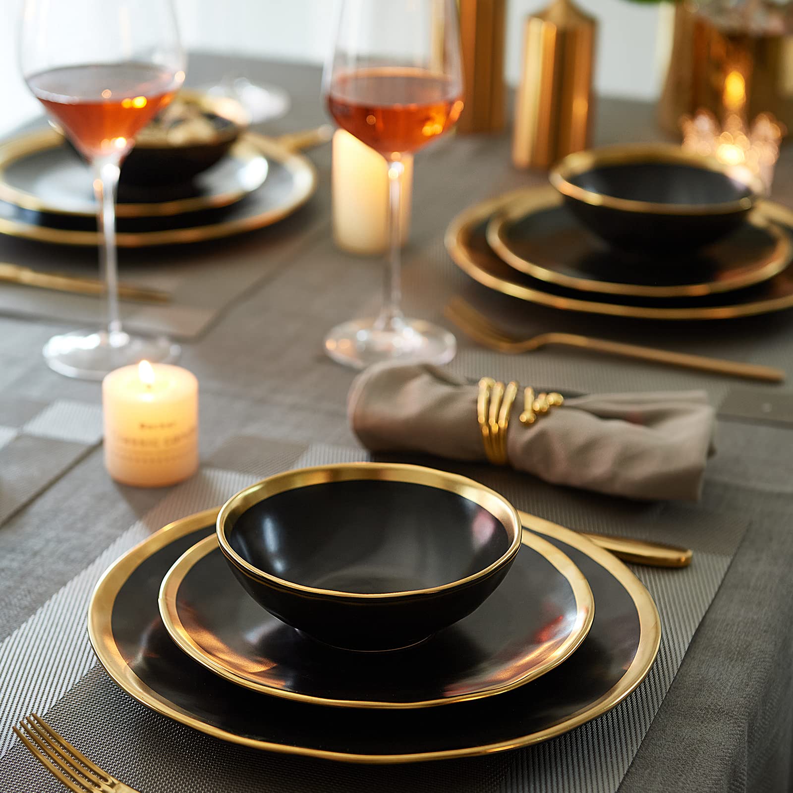 12-Piece Black Luxury Porcelain Dinnerware Set with Gold Rim - Elegant Plates & Bowls for Wedding, Anniversary, Birthday - Service for 4 - Modern Tableware for Fine Dining & Special Occasions