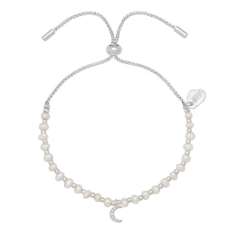 Pave Set CZ Moon and Pearl Amelia Bracelet - Elegant Cubic Zirconia & Pearl Jewelry for Women, Perfect for Weddings, Parties & Special Occasions