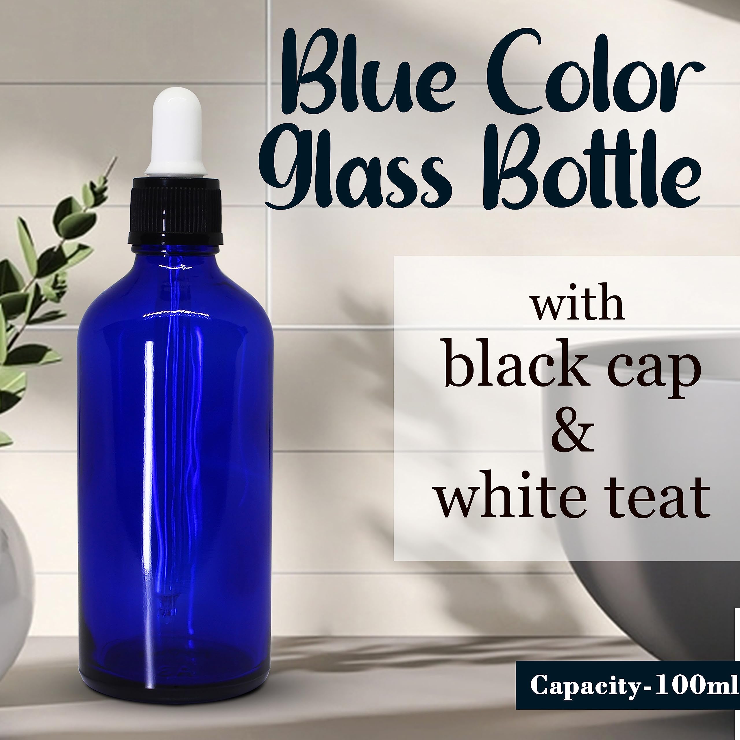 NSB Herbals 100ml Cobalt Blue Empty Glass Bottle with Dropper - Leak Proof Refillable Essential Oil Bottles for Aromatherapy, Perfumes & Face Oils - Includes Glass Dropper, Black Ring & White Silicone Teat (Pack of 3) - Perfect for DIY Blends, Travel & Home Spa Use