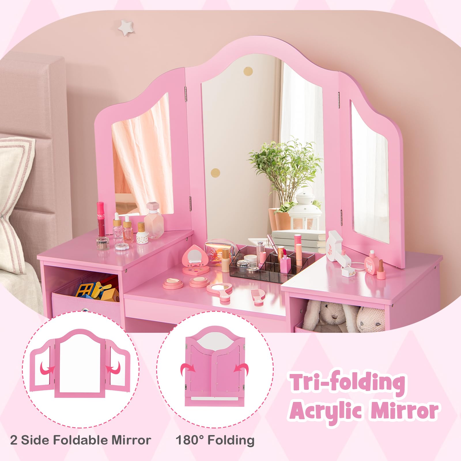 INFANS Kids Vanity Set - 2-in-1 Princess Makeup Desk & Chair with 4 Drawers, Tri-Folding Mirror & Large Storage | Wooden Dressing Table for Toddler Girls | Perfect for Pretend Play, Birthday Gifts & Bedroom Decor
