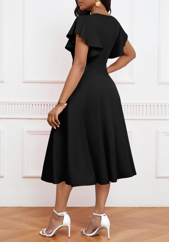 Elegant Women's Cocktail Midi Dress with V Neck & Ruffle Short Sleeve Wrap - Perfect for Wedding Guest, Semi Formal Events & A Line Party Dresses | Great for Bridal Showers, Date Nights & Special Occasions
