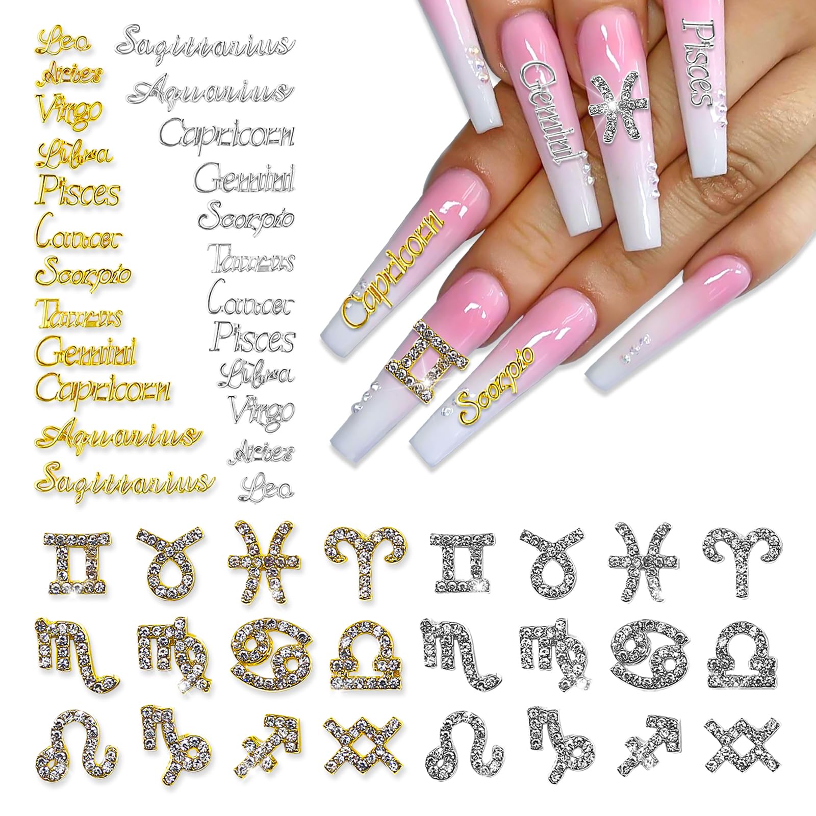 48-Piece Gold & Silver Alloy Zodiac Nail Charms Set - 12 Constellation Nail Studs with Astrology Signs for Women & Girls | Perfect for Nail Art, DIY Manicures, Birthday Gifts & Party Accessories