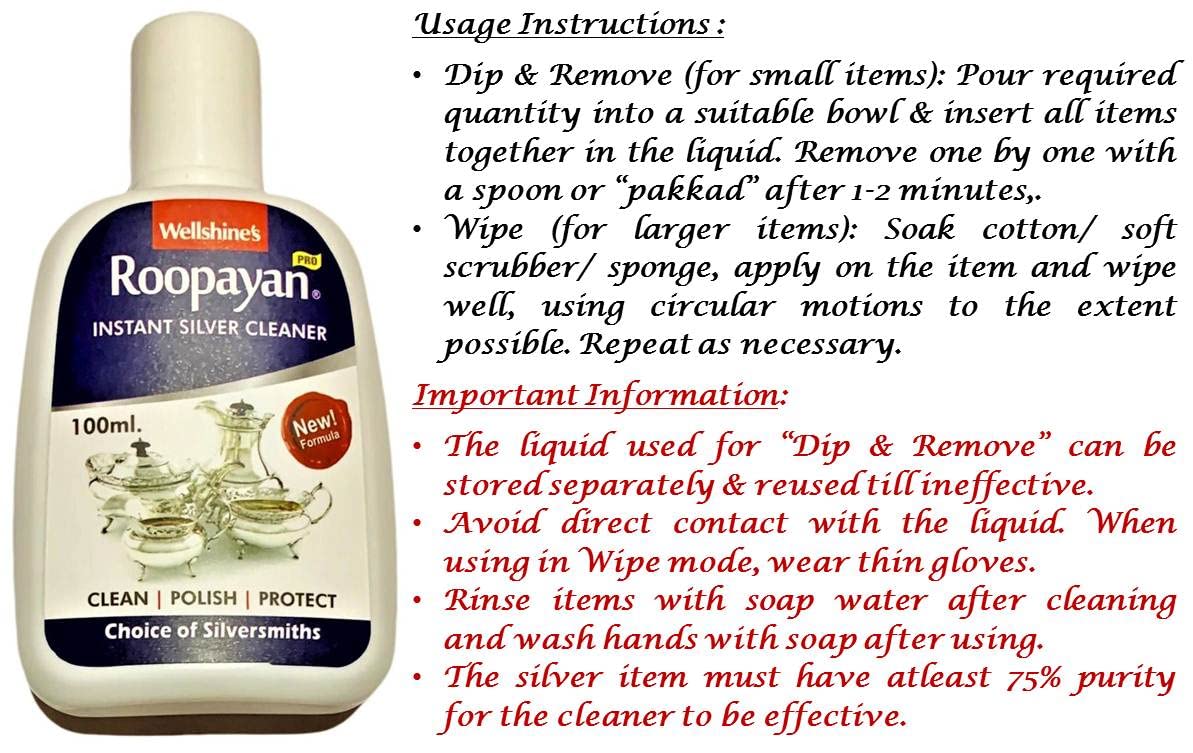 Wellshine Industries Roopayan Instant Silver Cleaner - 200ml (2 x 100ml Bottles) | Fast & Effective Tarnish Remover for Jewelry, Silverware & Antiques | Perfect for Home, Restaurant & Wedding Silver Care